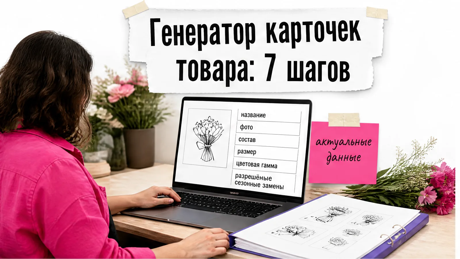 Женщина работает за столом с папкой описаний букетов и экраном с данными товара, лица не видно.