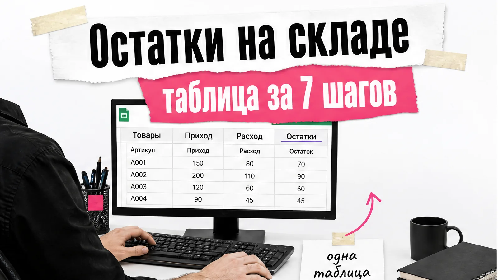 Мужчина без видимого лица работает за столом, перед ним экран Google Таблицы с четырьмя листами.