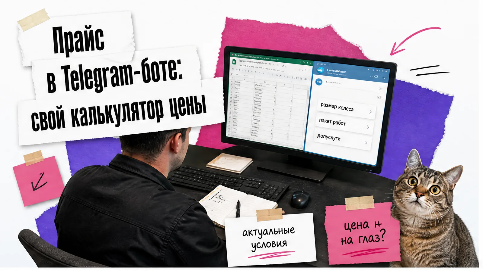 Мужчина в рабочей одежде со спины настраивает Telegram-бота за столом с таблицей цен на экране.