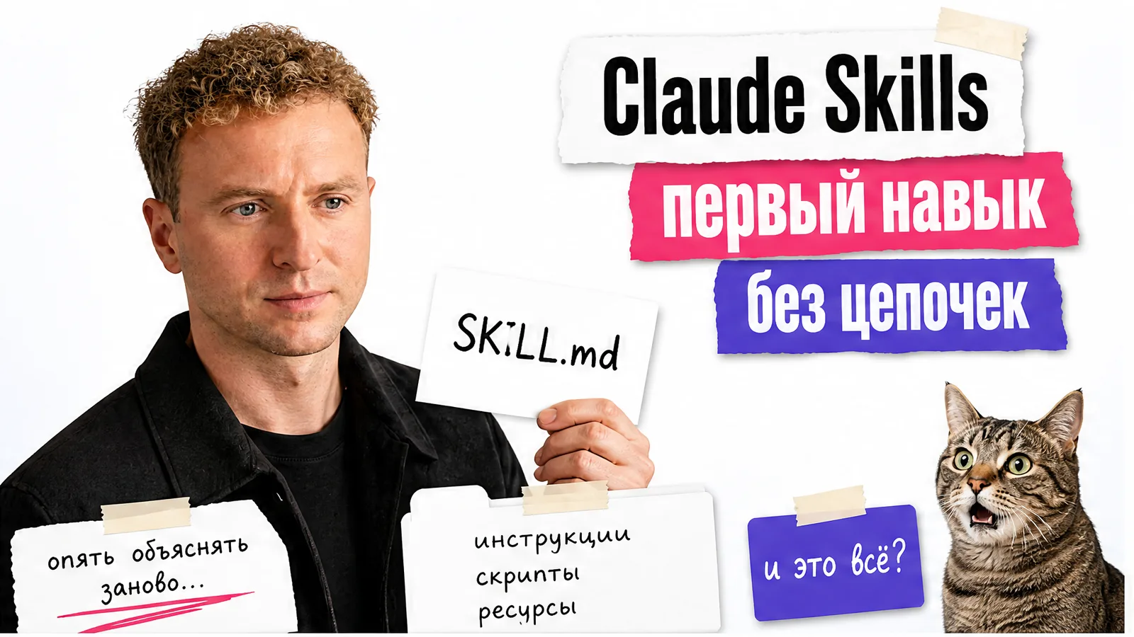 Автор показывает папку Skill, а рядом кот удивлённо смотрит на карточки с инструкциями.