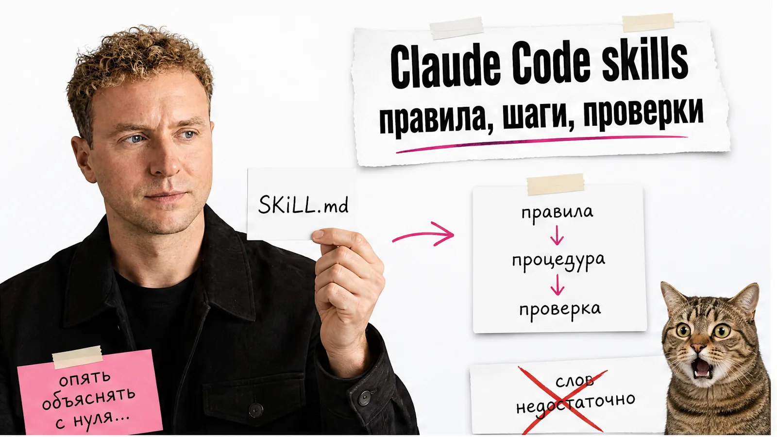 Автор с приложенного фото показывает карточку Skill, рядом удивлённый кот и схема проверки.