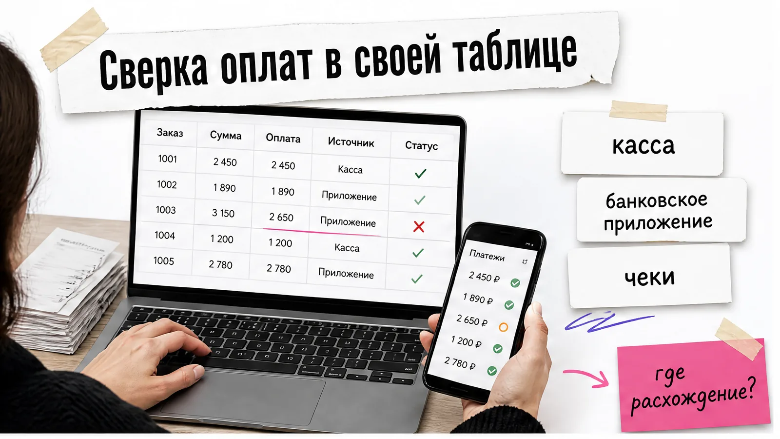 Рабочее место владелицы магазина: женские руки сверяют таблицу, банковское приложение и чеки.
