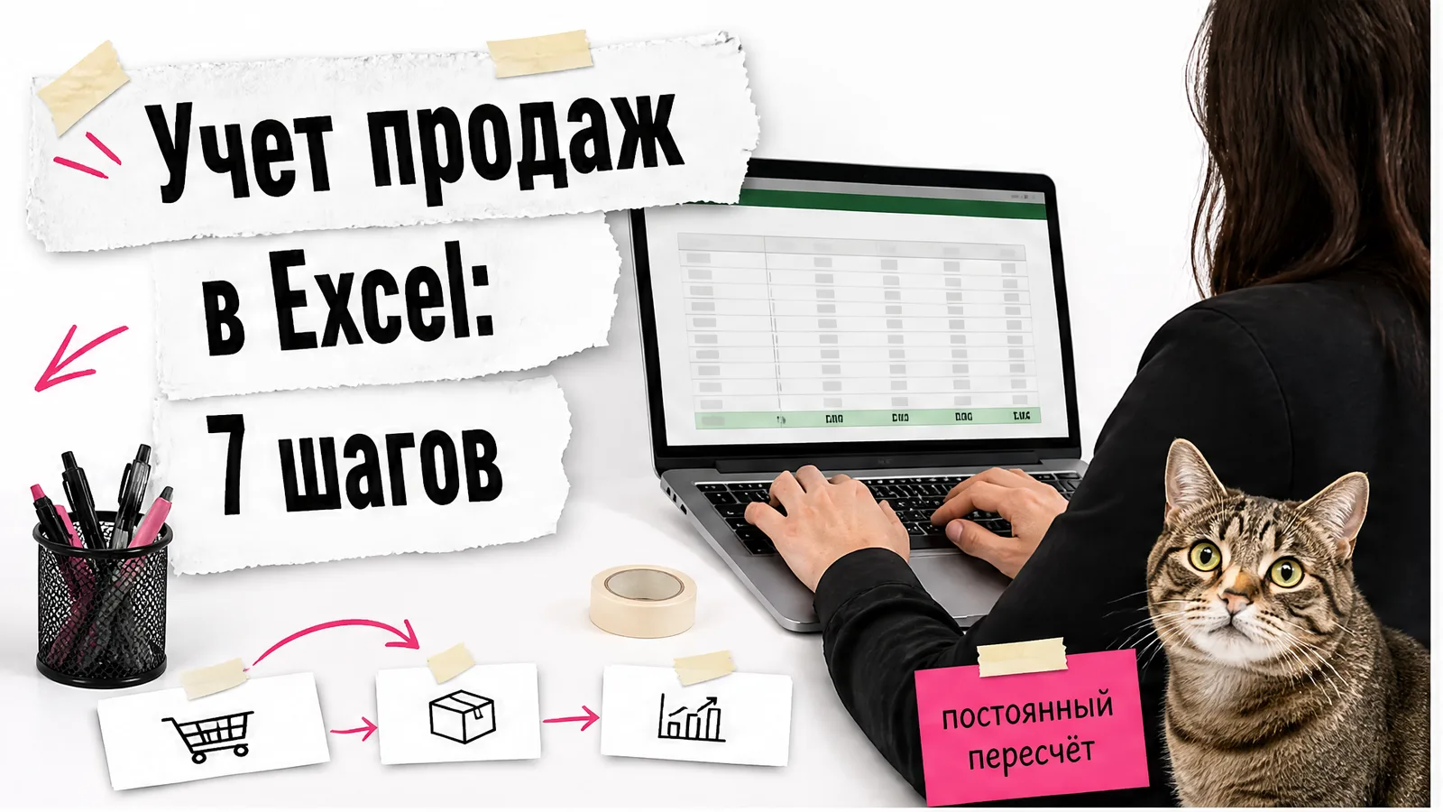 Рабочее место женщины: руки за таблицей Excel, рядом удивлённый кот и заголовок статьи.