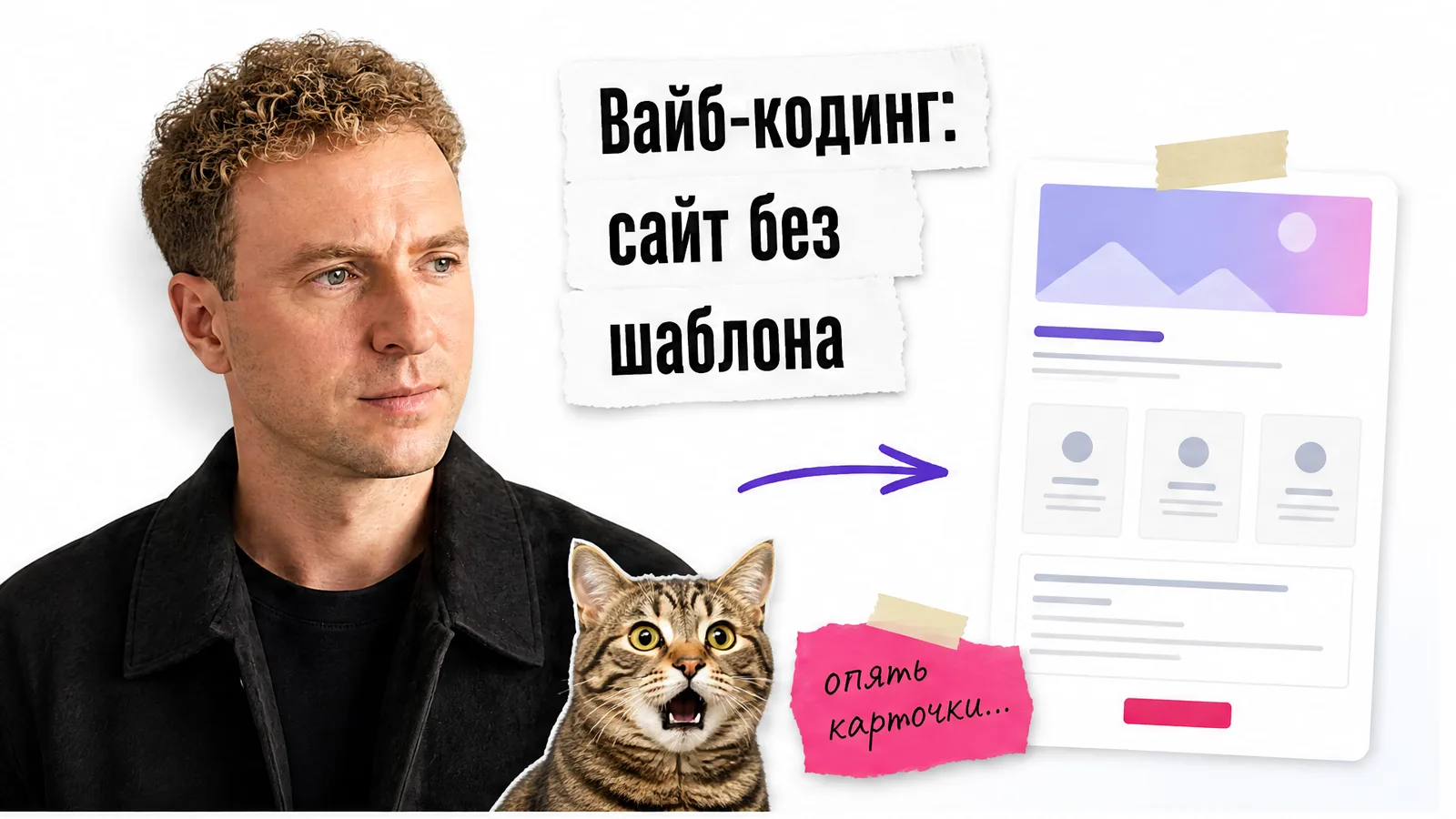 Автор с приложенного фото показывает на схему сайта, рядом кот удивлённо смотрит на карточки.