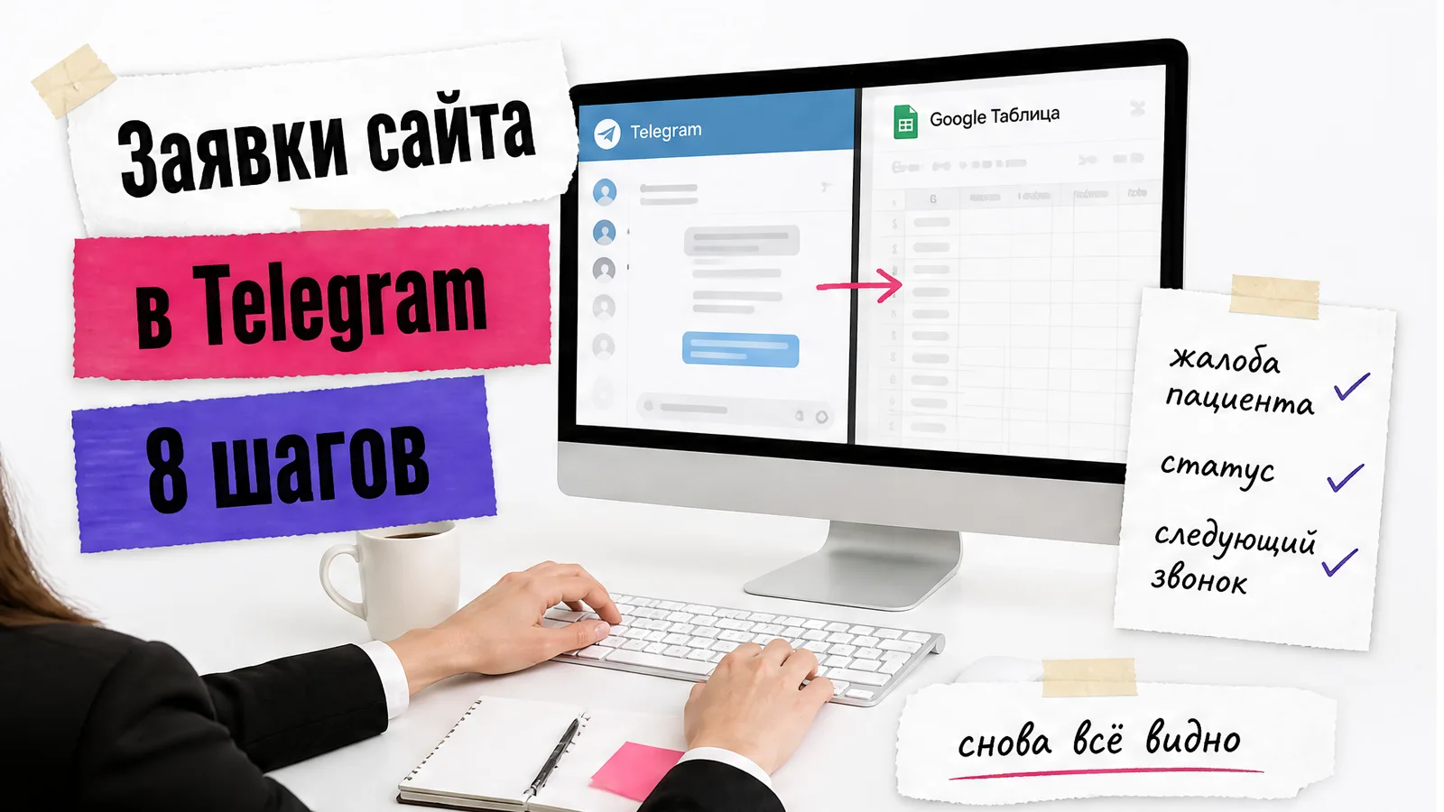 Женщина без видимого лица работает за столом, рядом показаны Telegram и Google Таблица.