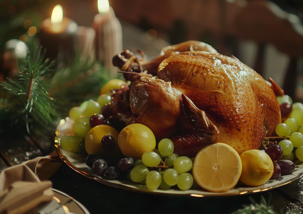 Индейка в маринаде из оливкового масла с виноградом — горячее на Новый год