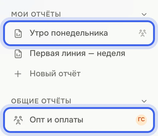Панель «Аналитики» демо-компании «Зерно»: в «Моих отчётах» — «Утро понедельника» со значком «Открыт коллегам» и «Первая линия — неделя», в «Общих отчётах» — «Опт и оплаты» с аватаром Глеба Сорокина