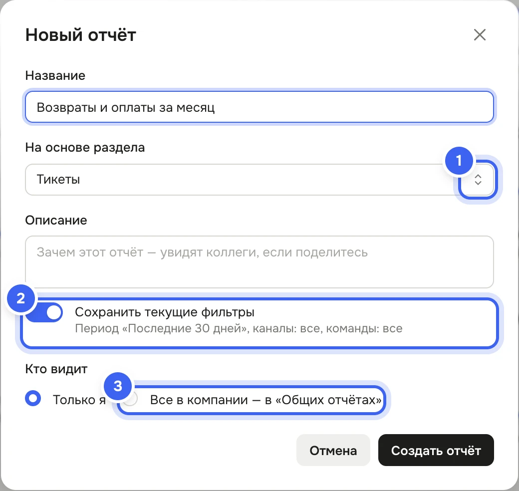 Окно «Новый отчёт»: «Название» — «Возвраты и оплаты за месяц», «На основе раздела» — «Тикеты», «Описание», переключатель «Сохранить текущие фильтры» с подписью «Период «Последние 30 дней», каналы: все, команды: все», «Кто видит» — «Только я» или «Все в компании — в «Общих отчётах»», кнопка «Создать отчёт»