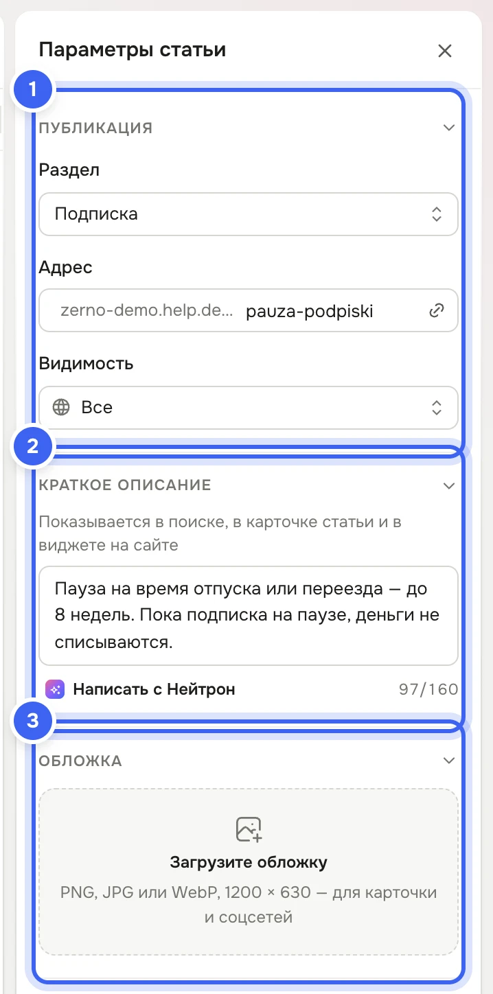 Панель «Параметры статьи» для «Как поставить подписку на паузу»: блок «Публикация» с полями «Раздел» «Подписка», «Адрес» pauza-podpiski и «Видимость» «Все», блок «Краткое описание» с кнопкой «Написать с Нейтрон», блок «Обложка»