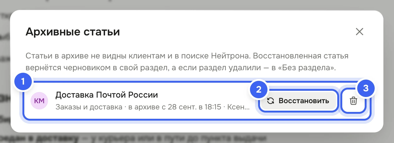 Окно «Архивные статьи»: строка «Доставка Почтой России» — «Заказы и доставка», в архиве с … , Ксения Миронова — с кнопкой «Восстановить» и значком корзины