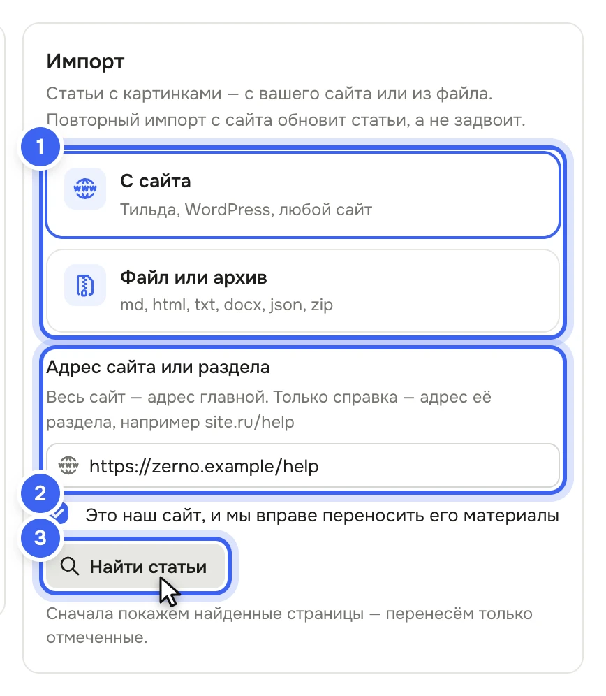 Карточка «Импорт» на странице «Импорт и экспорт»: выбран вариант «С сайта», в поле «Адрес сайта или раздела» вписан https://zerno.example/help, отмечено «Это наш сайт, и мы вправе переносить его материалы», кнопка «Найти статьи»