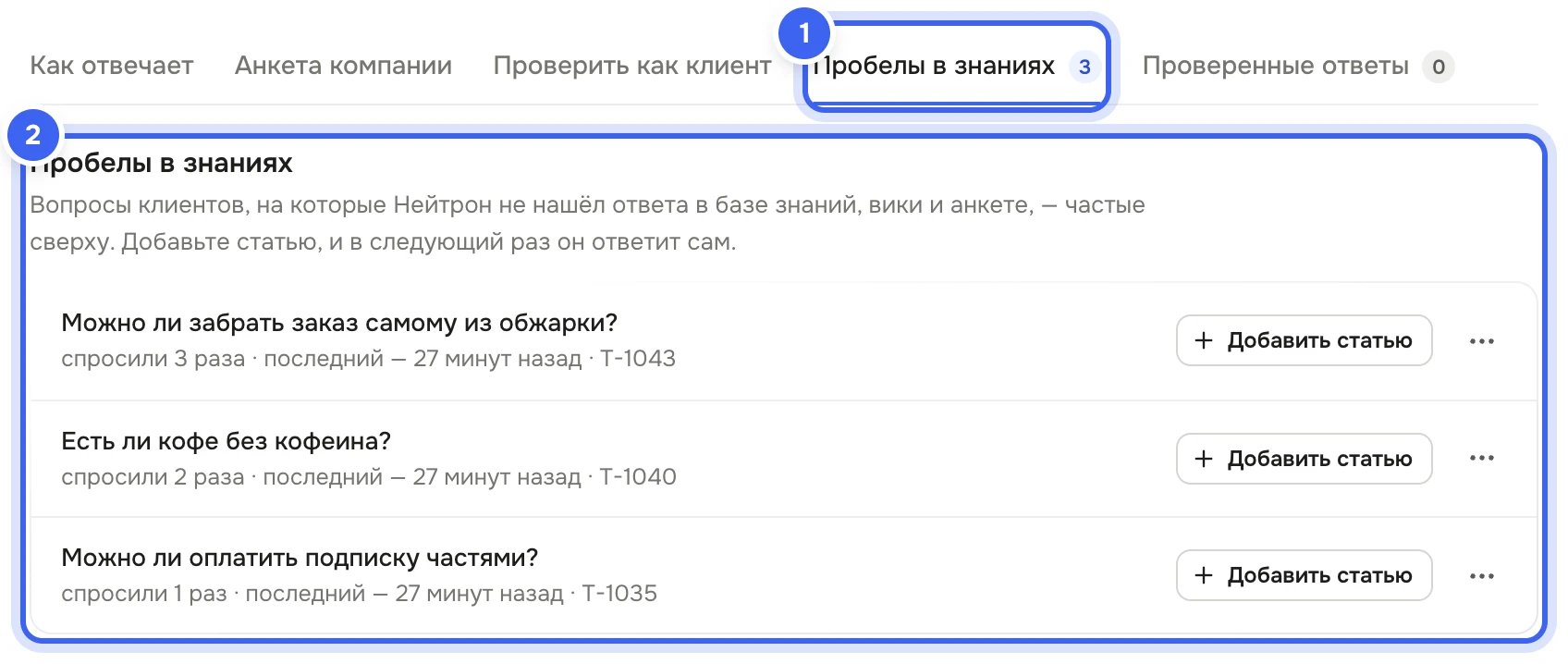 Настройки Нейтрона, вкладка «Пробелы в знаниях»: список вопросов клиентов, на которые Нейтрон не нашёл ответа в базе знаний, вики и анкете, с кнопками «Добавить статью»