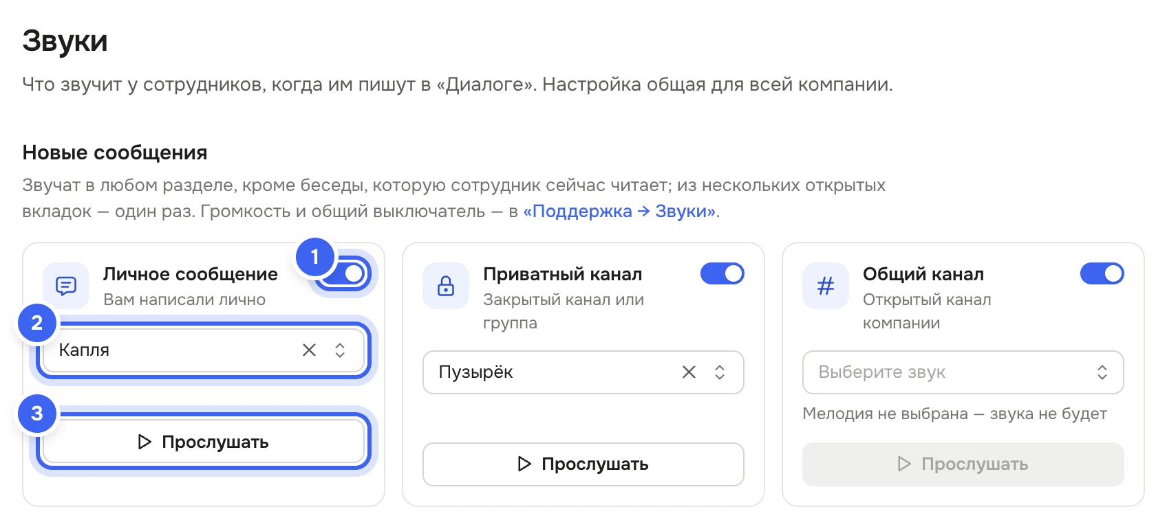 Раздел настроек «Звуки» группы «Диалог»: блок «Новые сообщения» с карточками «Личное сообщение», «Приватный канал» и «Общий канал» — у каждой переключатель, выбор мелодии и кнопка «Прослушать»