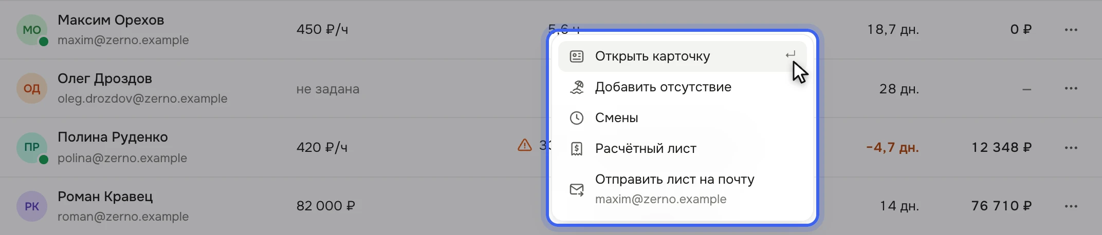 Таблица «Команда» в «Кадрах»: правым щелчком по строке Максима Орехова открыто меню «Открыть карточку», «Добавить отсутствие», «Смены», «Расчётный лист», «Отправить лист на почту»