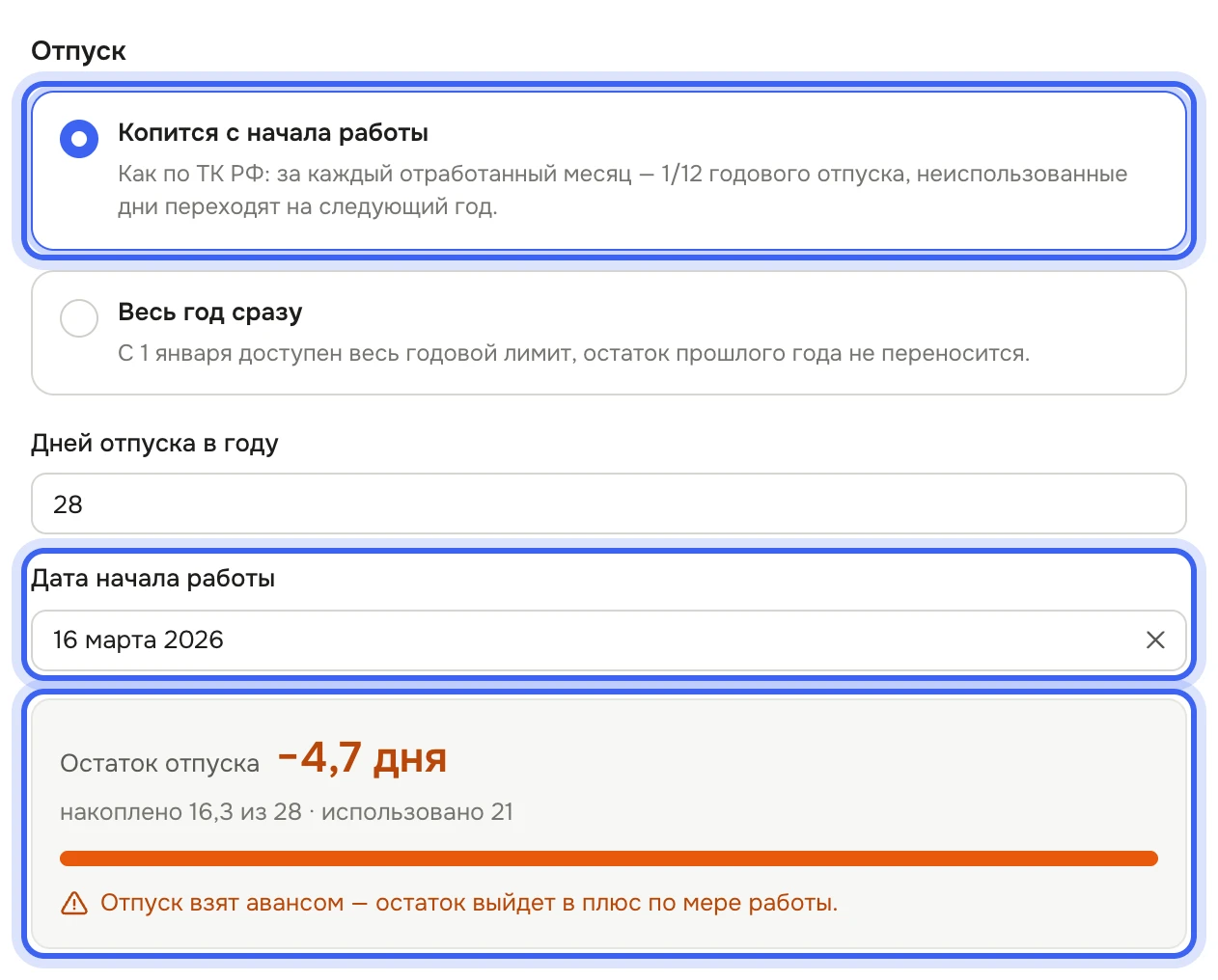 Карточка Полины Руденко, блок «Отпуск»: выбран «Копится с начала работы», рядом «Весь год сразу», «Дней отпуска в году» — 28, «Дата начала работы», ниже остаток отпуска в минусе с подписью и предупреждением «Отпуск взят авансом»