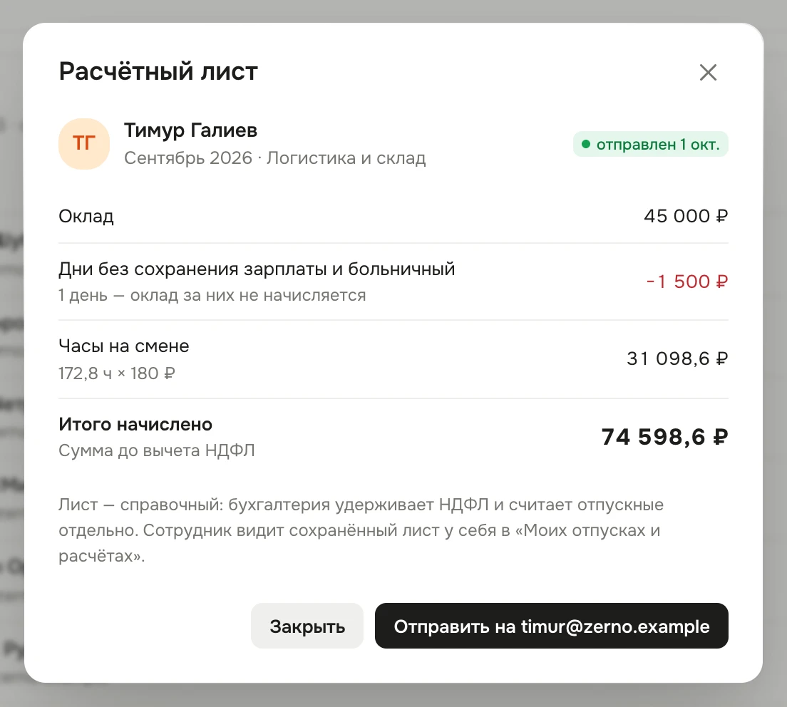 Окно «Расчётный лист» Тимура Галиева за сентябрь 2026 со статусом «отправлен»: «Оклад», «Дни без сохранения зарплаты и больничный» с вычетом за 1 день, «Часы на смене» — часы × 180 ₽, «Итого начислено», ниже пояснение, что лист справочный, и кнопки «Закрыть» и «Отправить на timur@zerno.example»