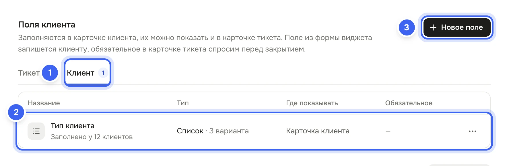 Настройки, «Поля и теги»: открыта вкладка «Клиент», в таблице поле «Тип клиента» — список, показывается в карточке клиента, справа вверху кнопка «Новое поле»