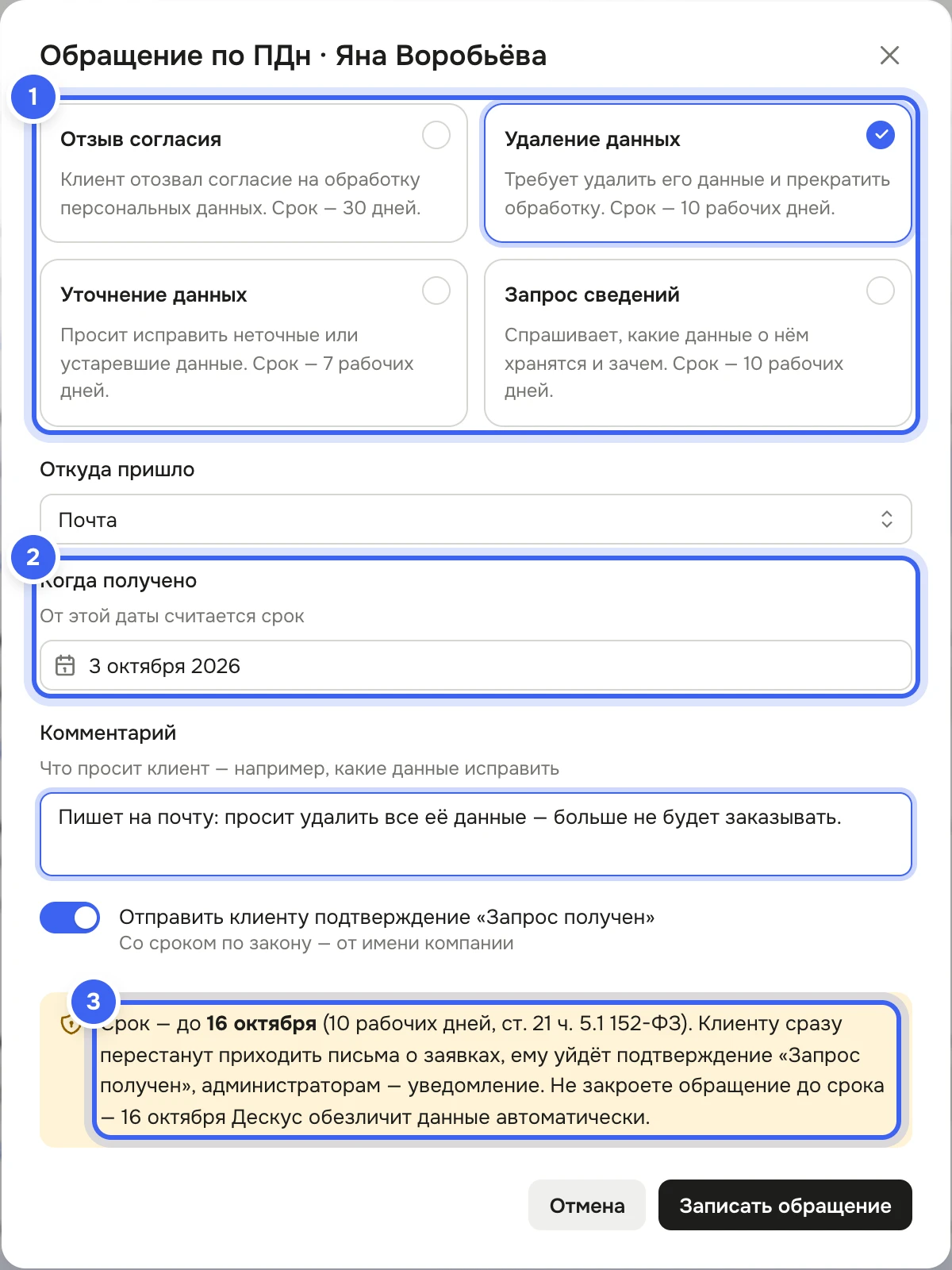 Окно «Обращение по ПДн · Яна Воробьёва»: выбрано «Удаление данных» — срок 10 рабочих дней, «Откуда пришло» — «Почта», «Когда получено» — сегодня, комментарий, переключатель «Отправить клиенту подтверждение «Запрос получен»» и плашка со сроком