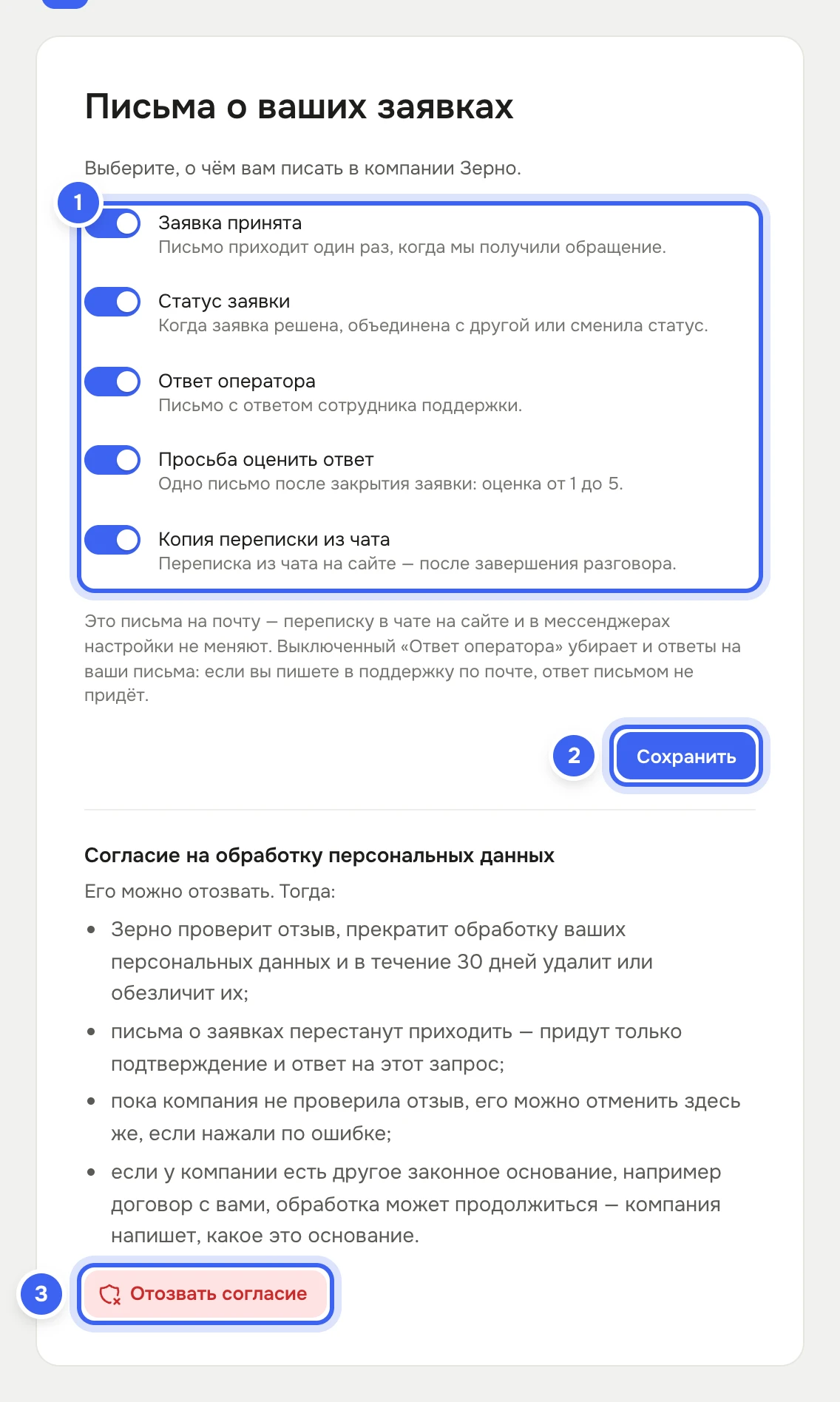 Страница «Письма о ваших заявках» компании «Зерно»: «Выберите, о чём вам писать в компании Зерно.», включённые переключатели «Заявка принята», «Статус заявки», «Ответ оператора», «Просьба оценить ответ», «Копия переписки из чата» с пояснениями, под ними — что настройки касаются только писем на почту, кнопка «Сохранить», ниже блок «Согласие на обработку персональных данных» с кнопкой «Отозвать согласие»