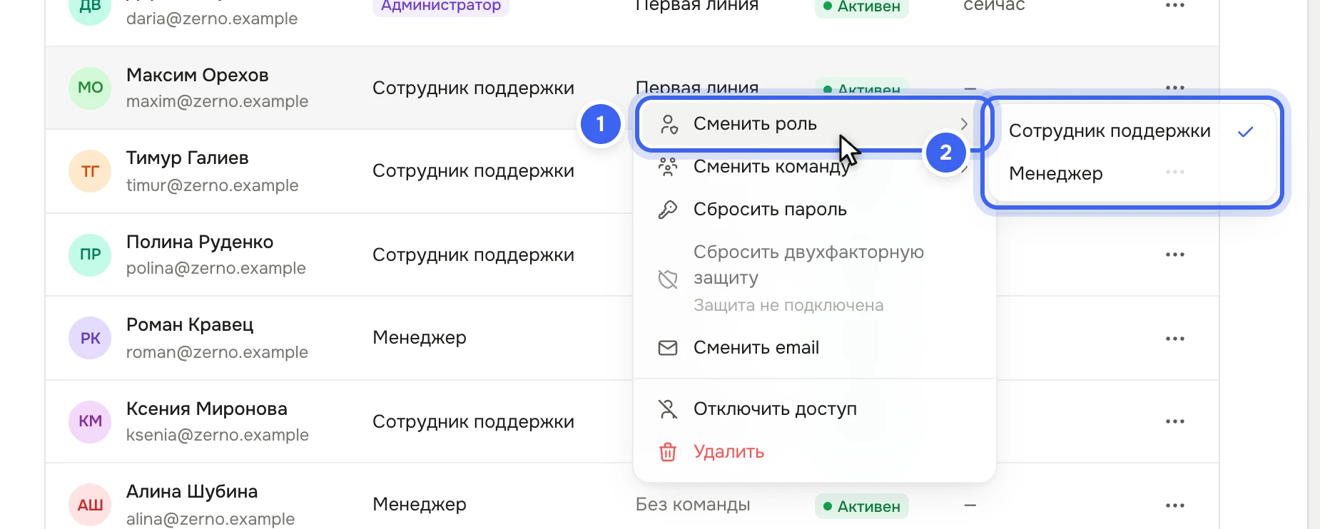 Список «Сотрудники»: меню сотрудника Максима Орехова — «Сменить роль», «Сменить команду», «Сбросить пароль», «Сбросить двухфакторную защиту», «Сменить email», «Отключить доступ», «Удалить»; открыт список ролей