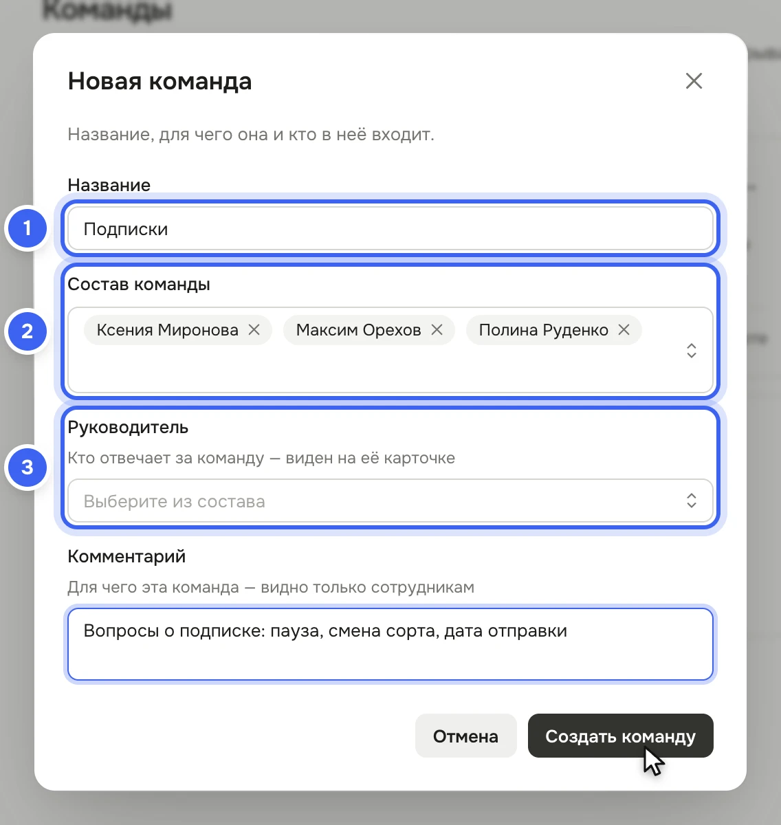 Окно «Новая команда»: название «Подписки», в составе Ксения Миронова и Максим Орехов, поле «Руководитель», комментарий и кнопка «Создать команду»