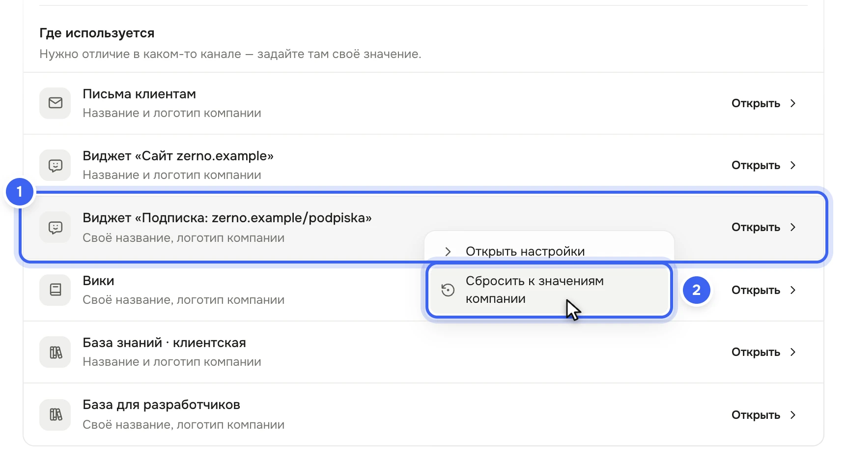 Список «Где используется»: у строки «Виджет «Подписка: zerno.example/podpiska»» с подписью «Своё название, логотип компании» открыто меню — «Открыть настройки» и «Сбросить к значениям компании»
