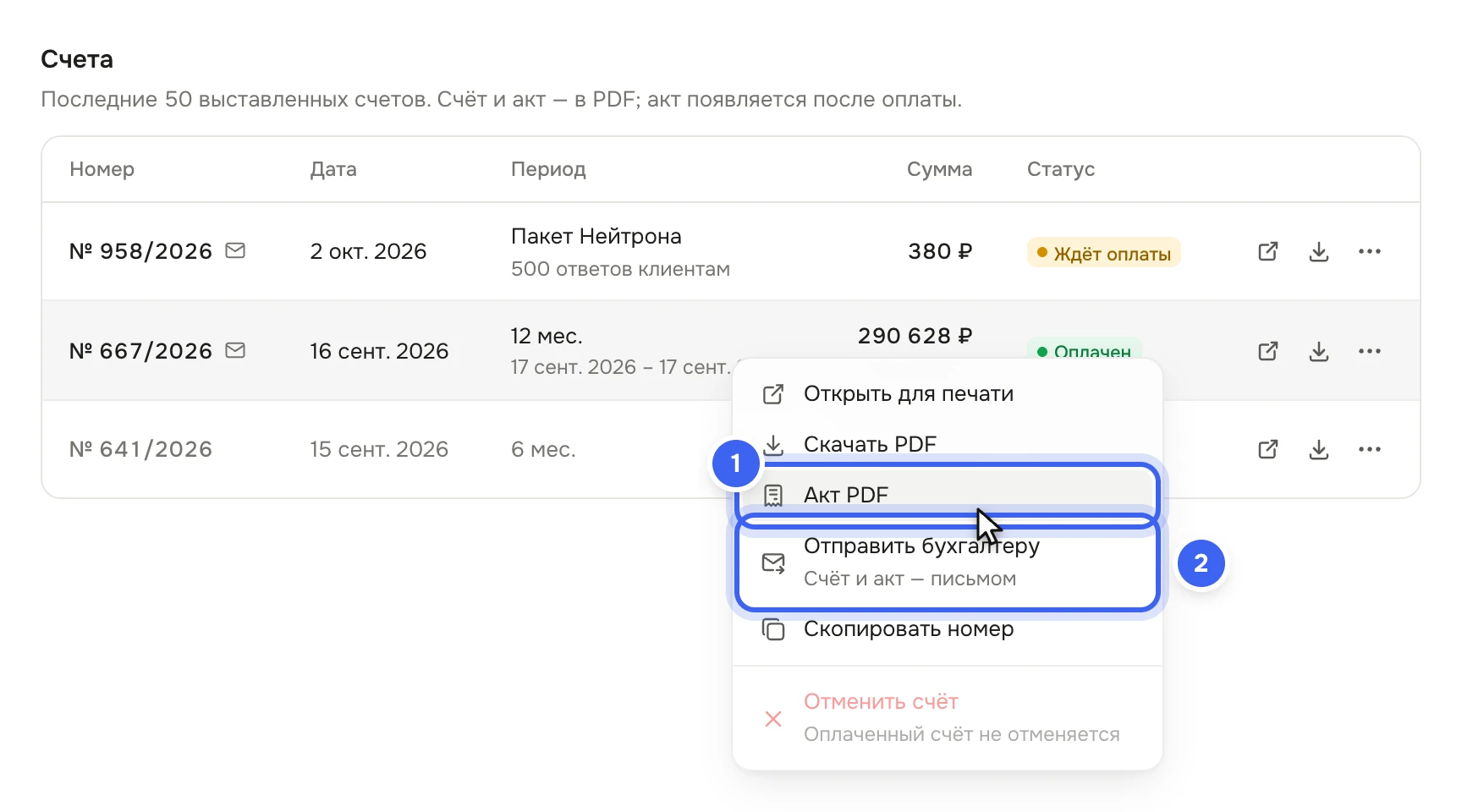 Таблица «Счета»: оплаченный счёт за 12 месяцев со скидкой 10% и открытое меню — «Открыть для печати», «Скачать PDF», «Акт PDF», «Отправить бухгалтеру» с подсказкой «Счёт и акт — письмом», «Скопировать номер», серый пункт «Отменить счёт» — «Оплаченный счёт не отменяется»