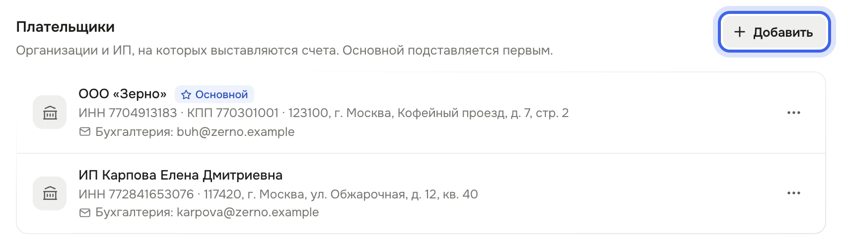 Блок «Плательщики»: ООО «Зерно» с меткой «Основной», ИНН, КПП, адресом и «Бухгалтерия: buh@zerno.example»; ИП Карпова Елена Дмитриевна с ИНН, адресом и почтой бухгалтерии; кнопка «Добавить»