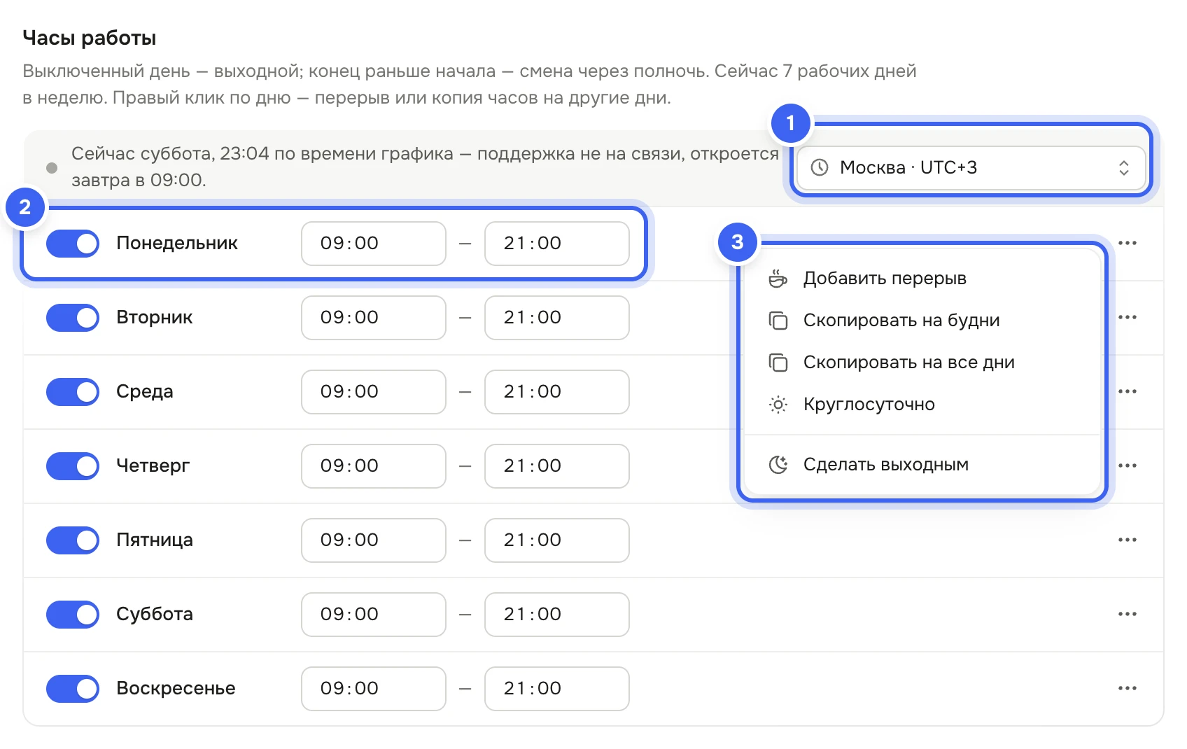 Блок «Часы работы»: строка «на связи» и поле «Часовой пояс компании», семь дней с переключателями и часами 09:00–21:00; у понедельника по правому клику открыто меню «Добавить перерыв», «Скопировать на будни», «Скопировать на все дни», «Круглосуточно», «Сделать выходным»