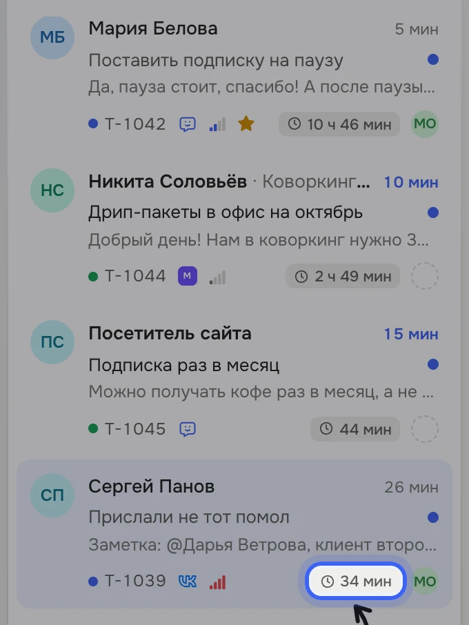 Список тикетов «Зерна»: у тикета Сергея Панова «Прислали не тот помол» подсвечена метка срока SLA
