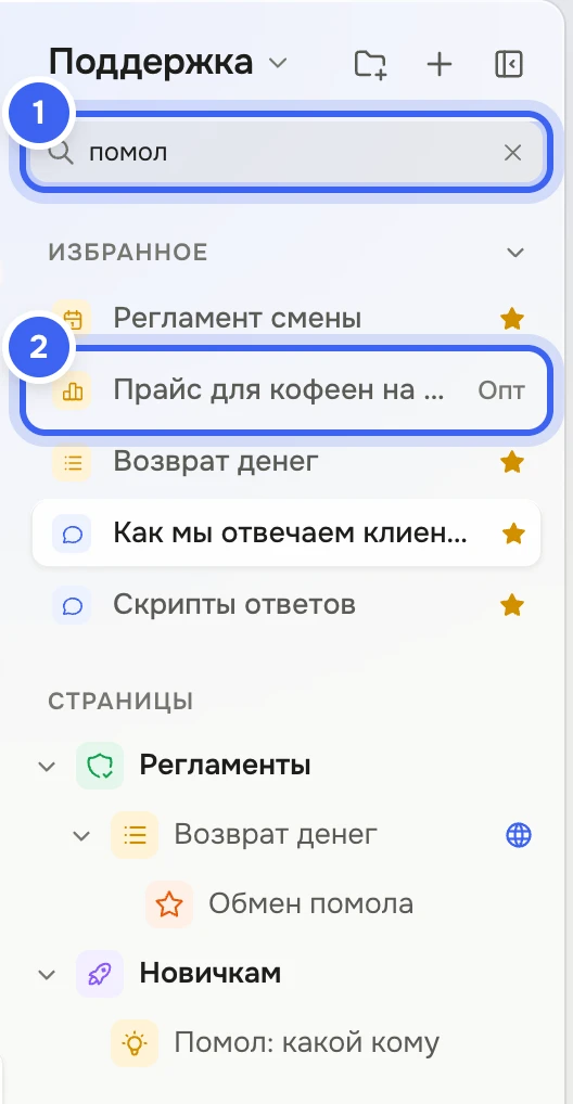 Панель вики «Зерна»: в поле «Поиск по вики» введено «помол», в дереве остались «Обмен помола» в папке «Регламенты» и «Помол: какой кому» в папке «Новичкам»; выше — группа «Избранное» с пятью страницами, одна из пространства «Опт»