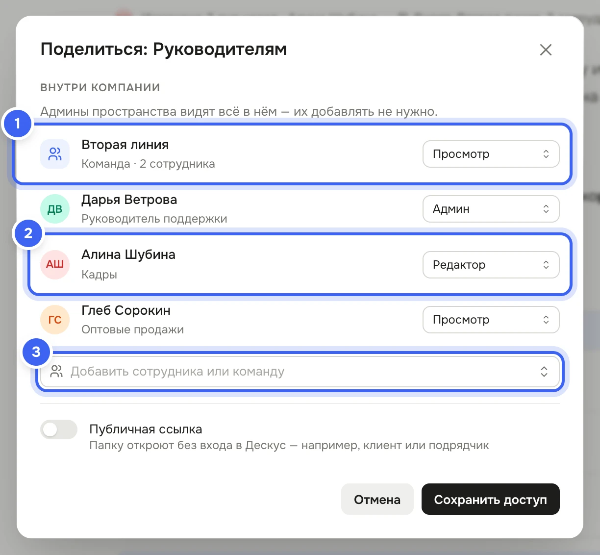 Окно «Поделиться: Руководителям»: пояснение «Админы пространства видят всё в нём — их добавлять не нужно.», в списке команда «Вторая линия» — «Просмотр», Дарья Ветрова — «Админ», Алина Шубина — «Редактор», Глеб Сорокин — «Просмотр», поле «Добавить сотрудника или команду» и кнопка «Сохранить доступ»