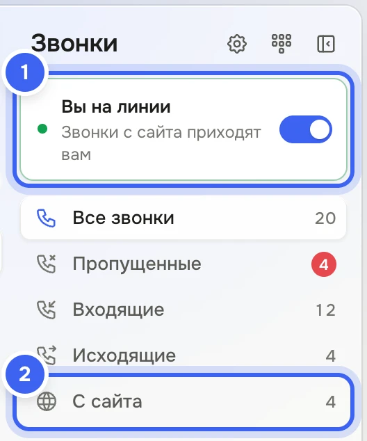 Верх панели раздела «Звонки»: карточка «Вы на линии» с подписью «Звонки с сайта приходят вам» и включённым переключателем, ниже папки «Все звонки», «Пропущенные», «Входящие», «Исходящие», «С сайта»