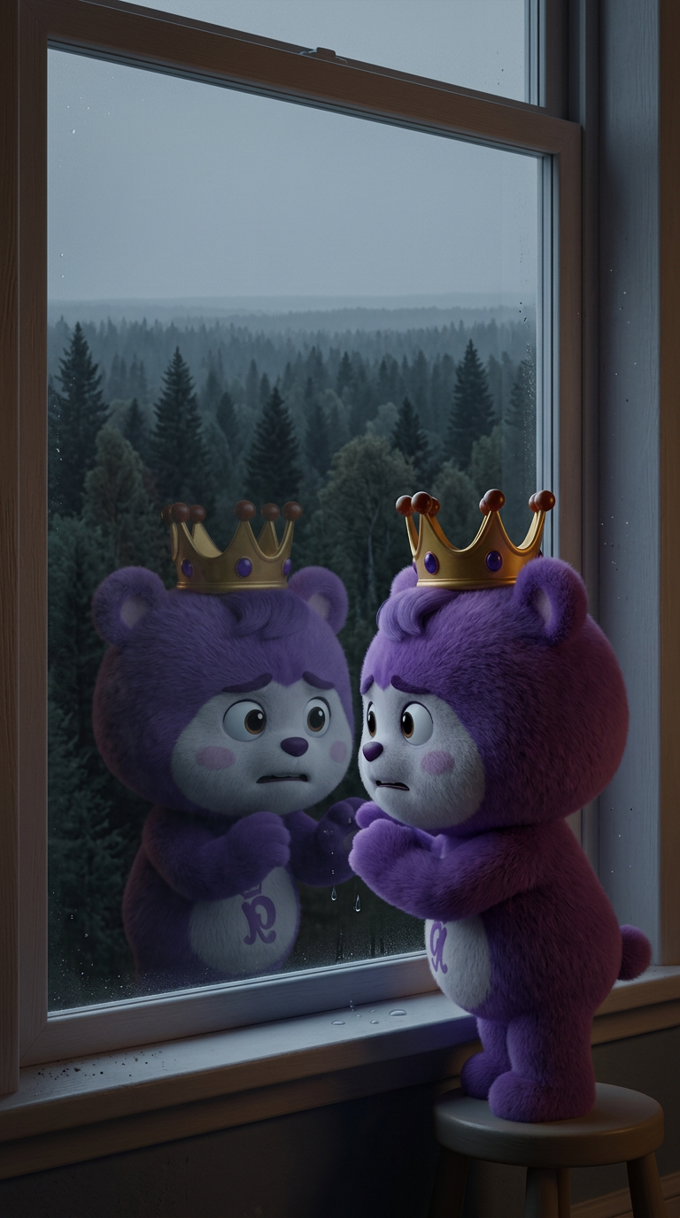 Strong rule: style --- 3D Pixar ---. Яша стоит у окна и смотрит на свое отражение в стекле. За ок...
