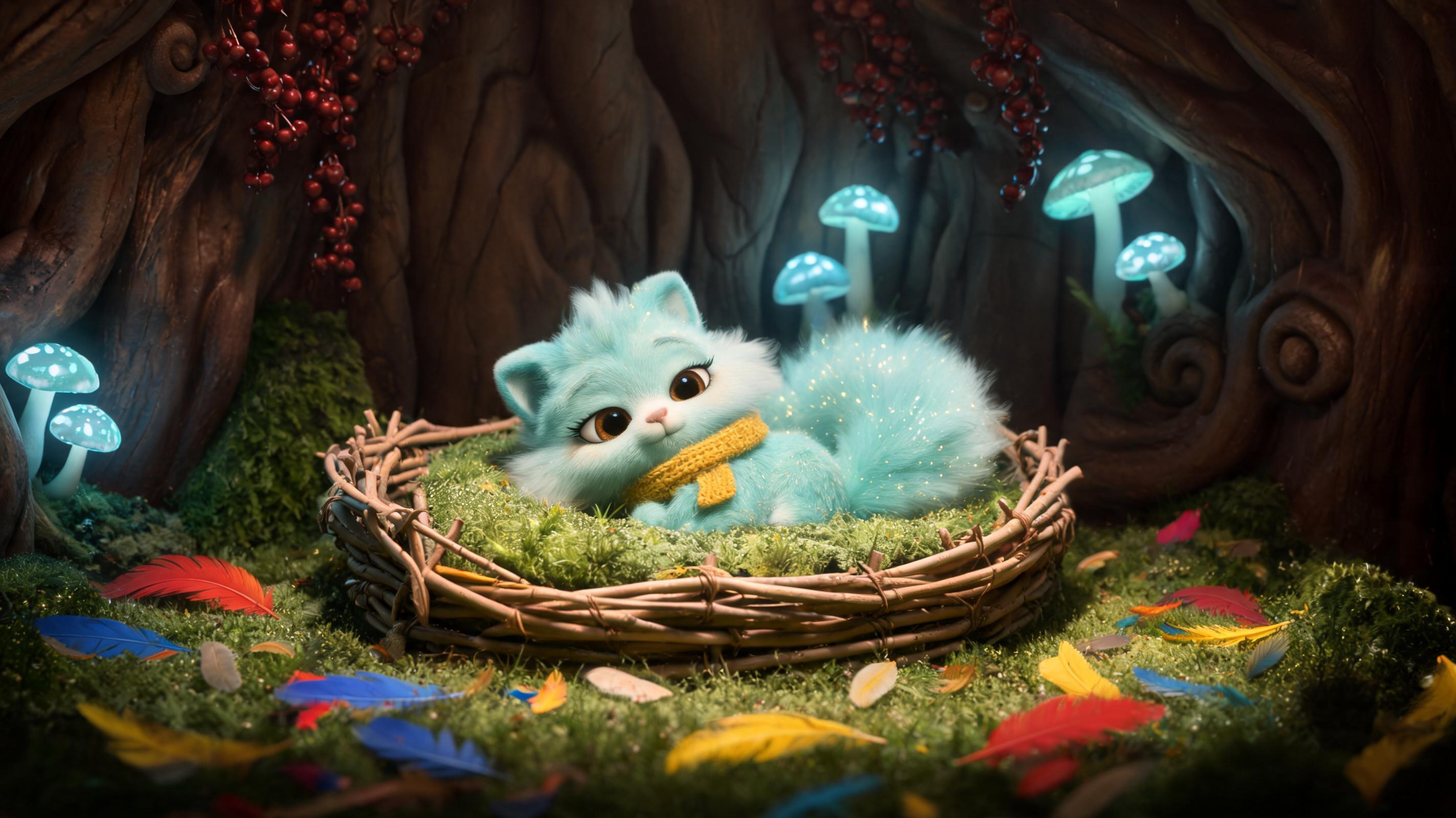 Art style: 3D Pixar. Уютная спальня внутри древесного корня, заваленная мягким сухим мхом и разно...
