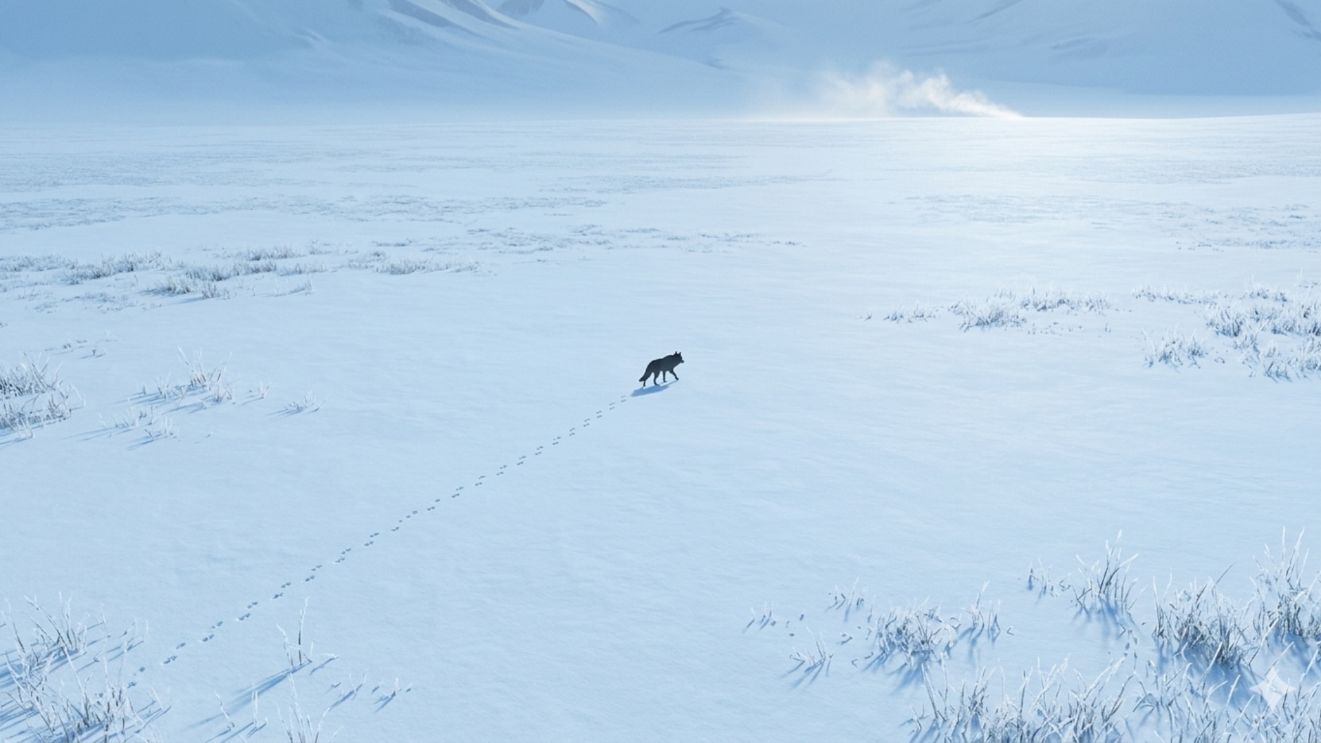 The grey wolf walks slowly and deliberately through snow toward camera. Each step is purposeful, ...