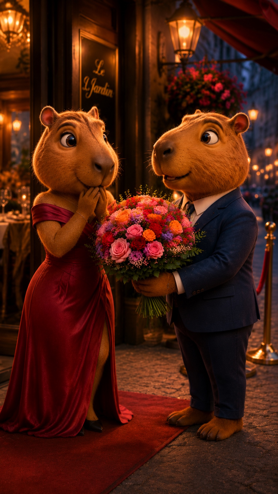 male capybara shyly offers bouquet, female capybara surprised and happy, eyes sparkle, camera slo...