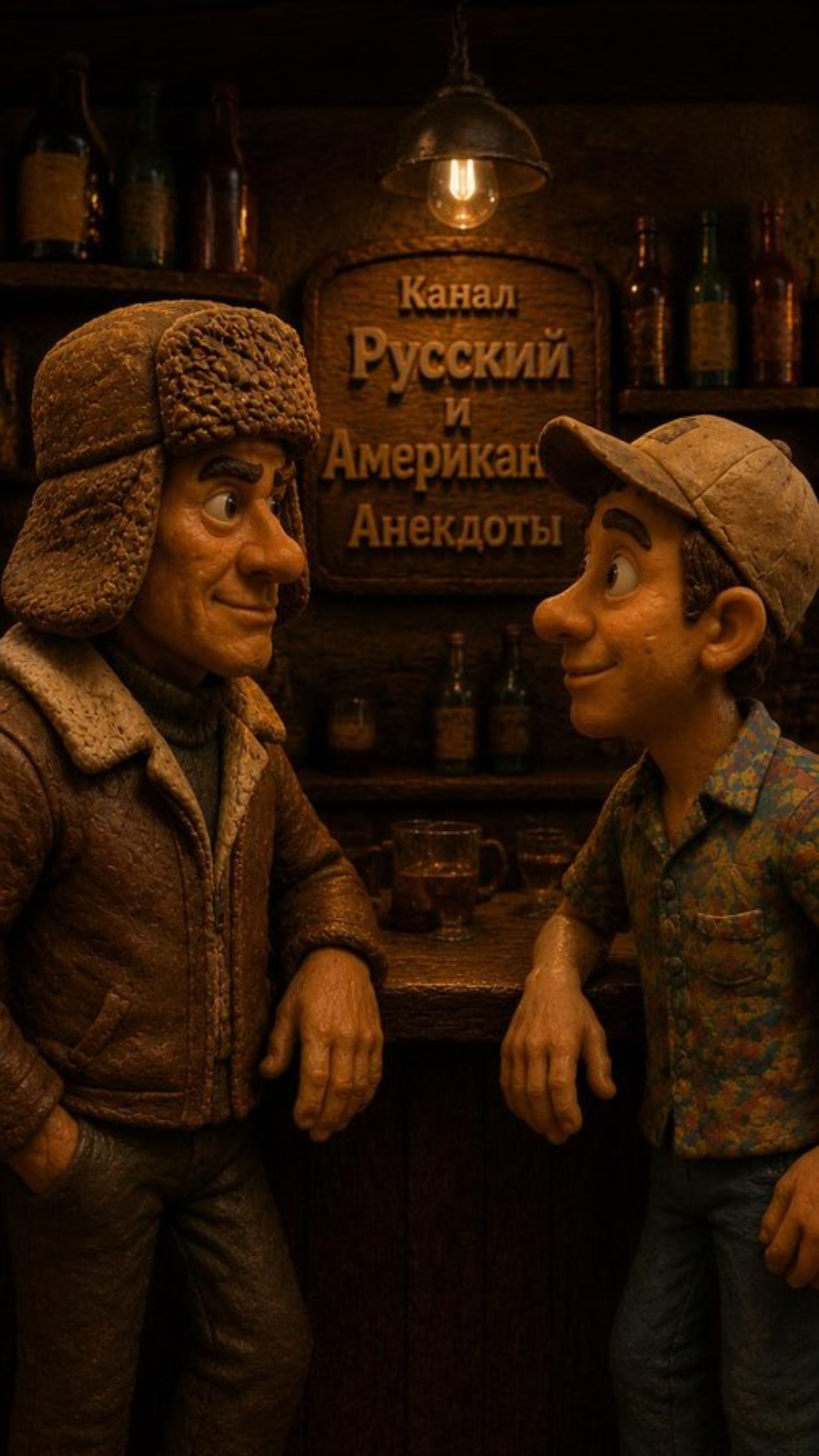 Claymation animation, dark cinematic handmade clay style. Chest-up shot inside a cozy bar interio...