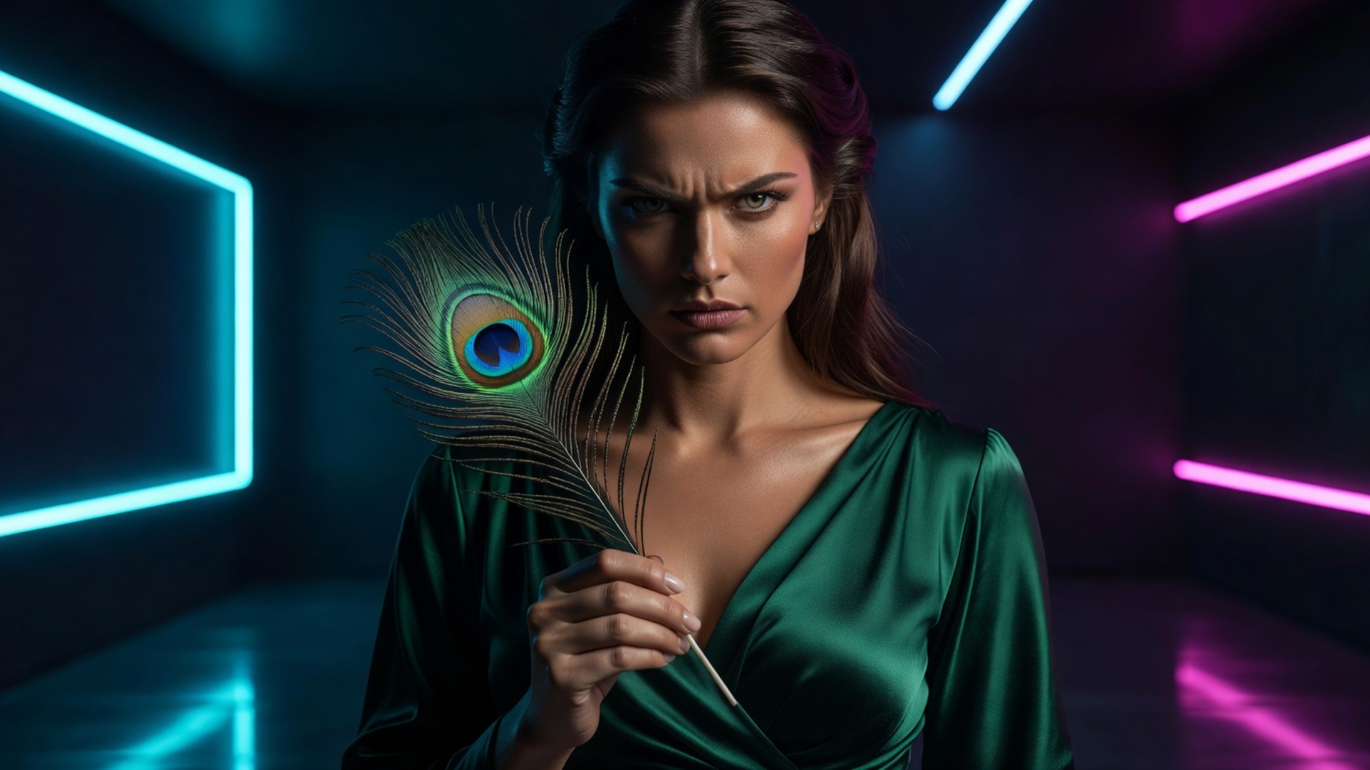 furious expression, blinking, breathing, peacock feathers slightly moving in the wind