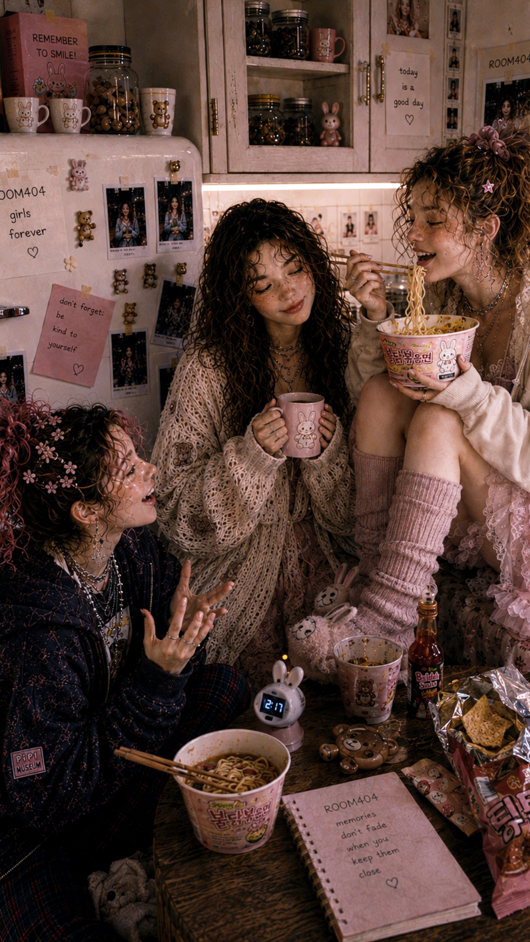Very subtle realistic motion.

Three girls are having a late-night noodle snack in a cozy apartme...