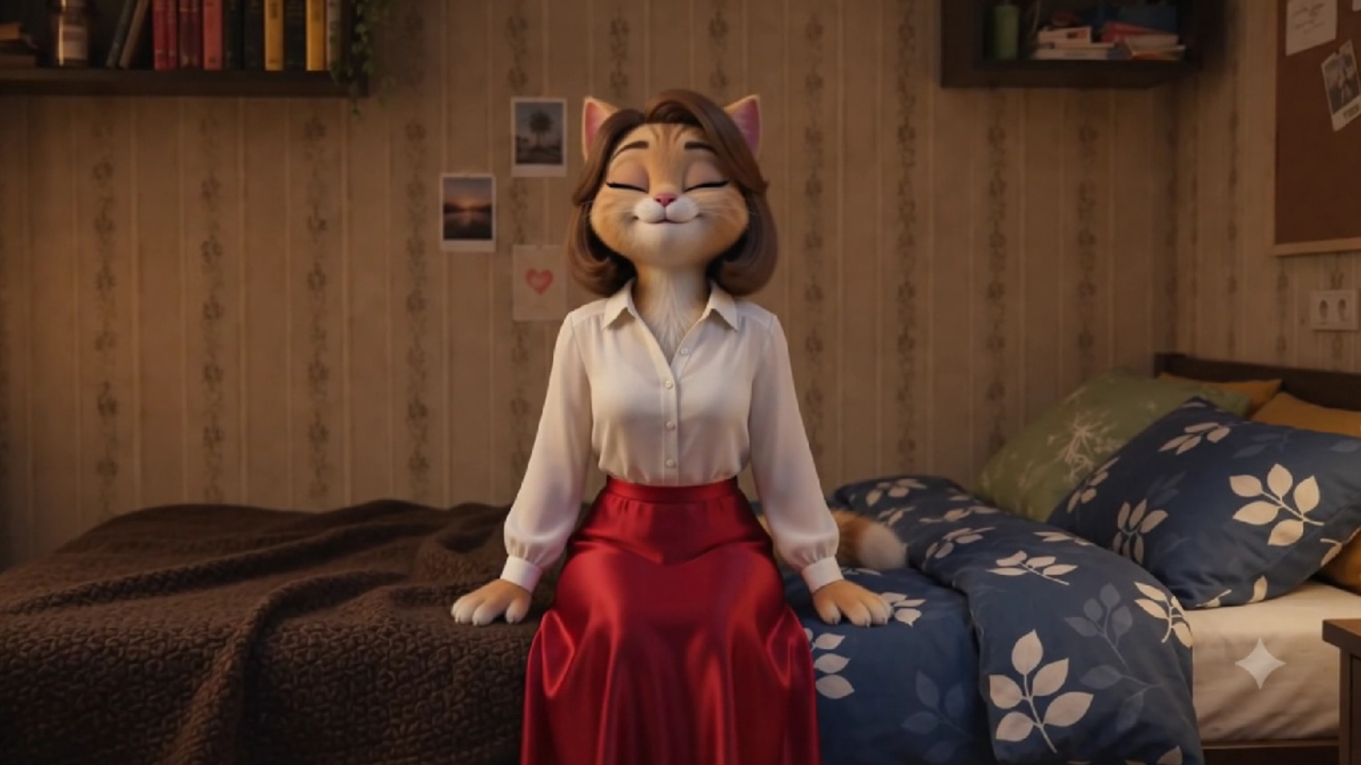 3d pixar style animation, a ginger female cat looks at her glowing

smartphone. On the screen, a ...