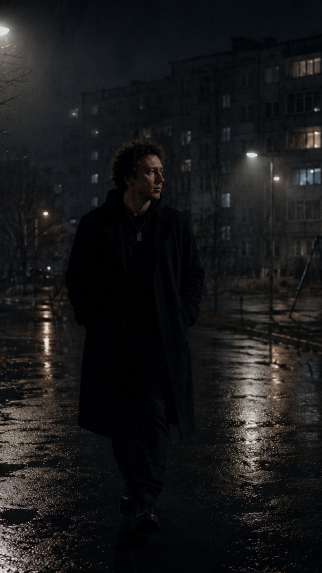 Alexander Blok walking alone through empty soviet courtyard at night after rain, wet asphalt refl...