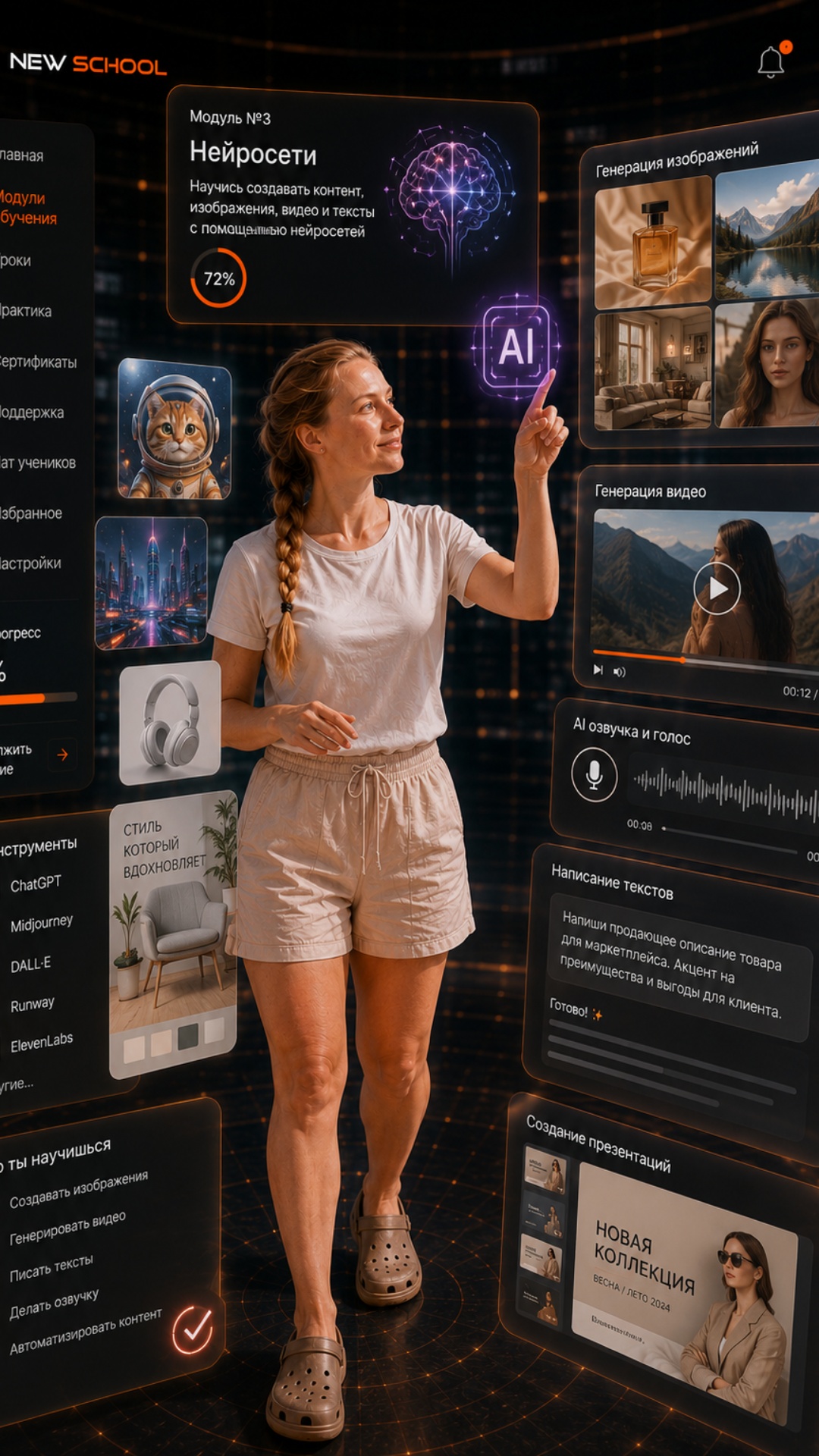 Cinematic realistic animation. The woman stands inside a futuristic AI learning environment. Arou...