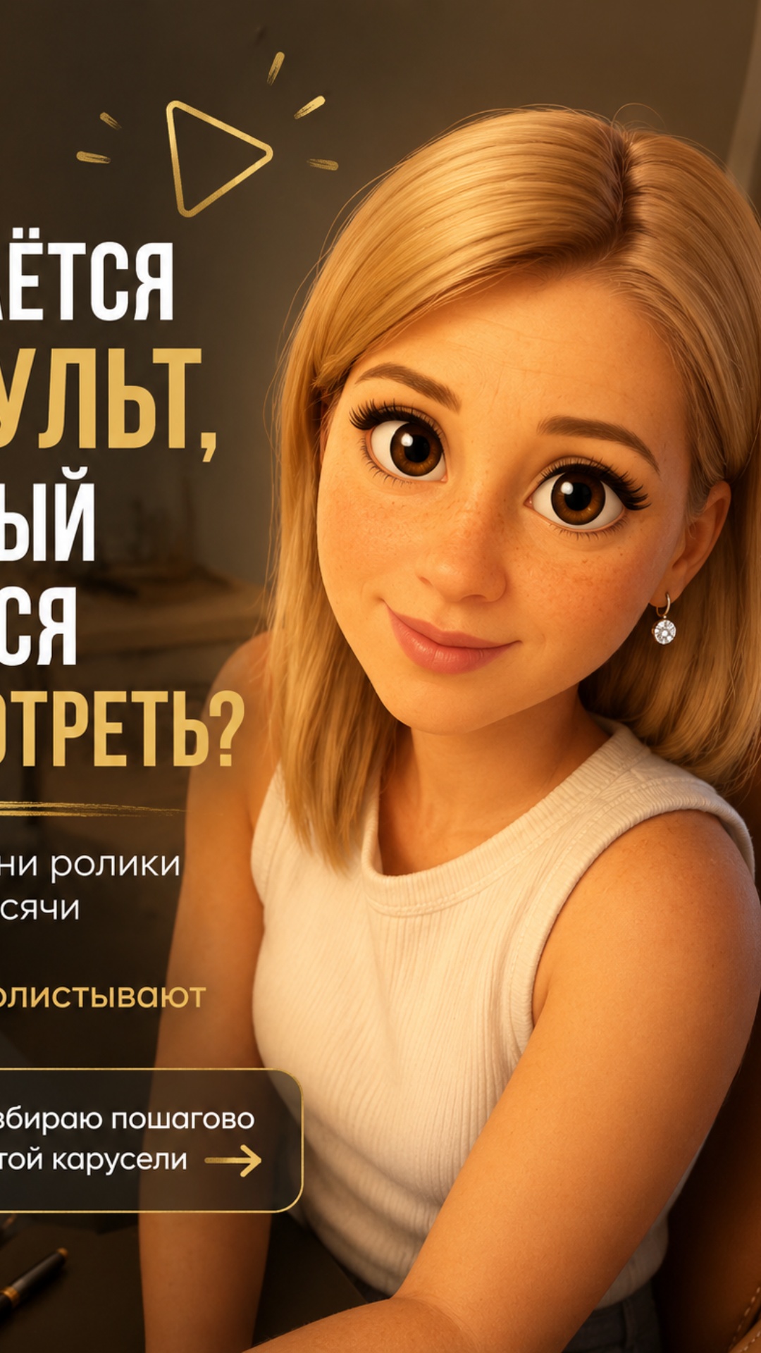 анимировать девушку, она поднимает руку указывая на текс и говорит Хочешь узнать? листай дальше!