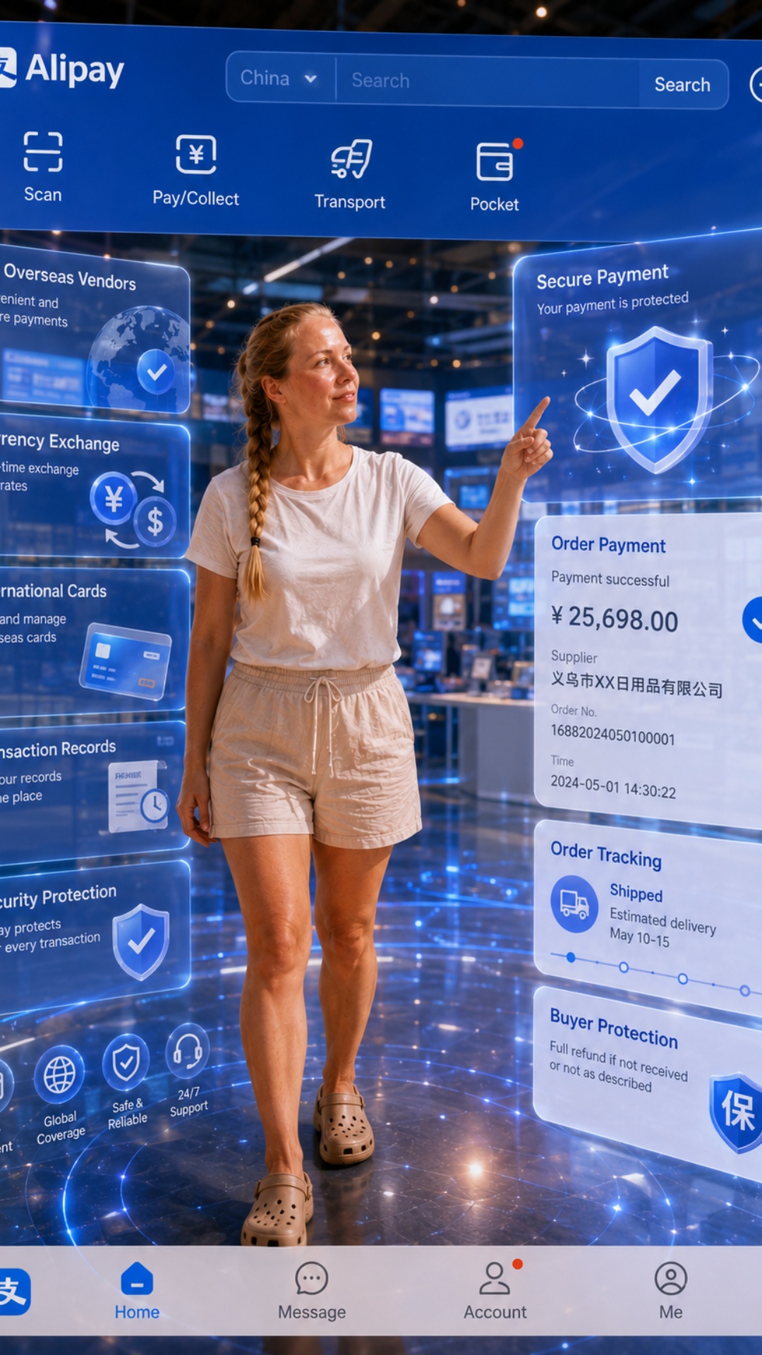 Cinematic realistic animation. The woman stands inside a futuristic Alipay payment interface. Sec...
