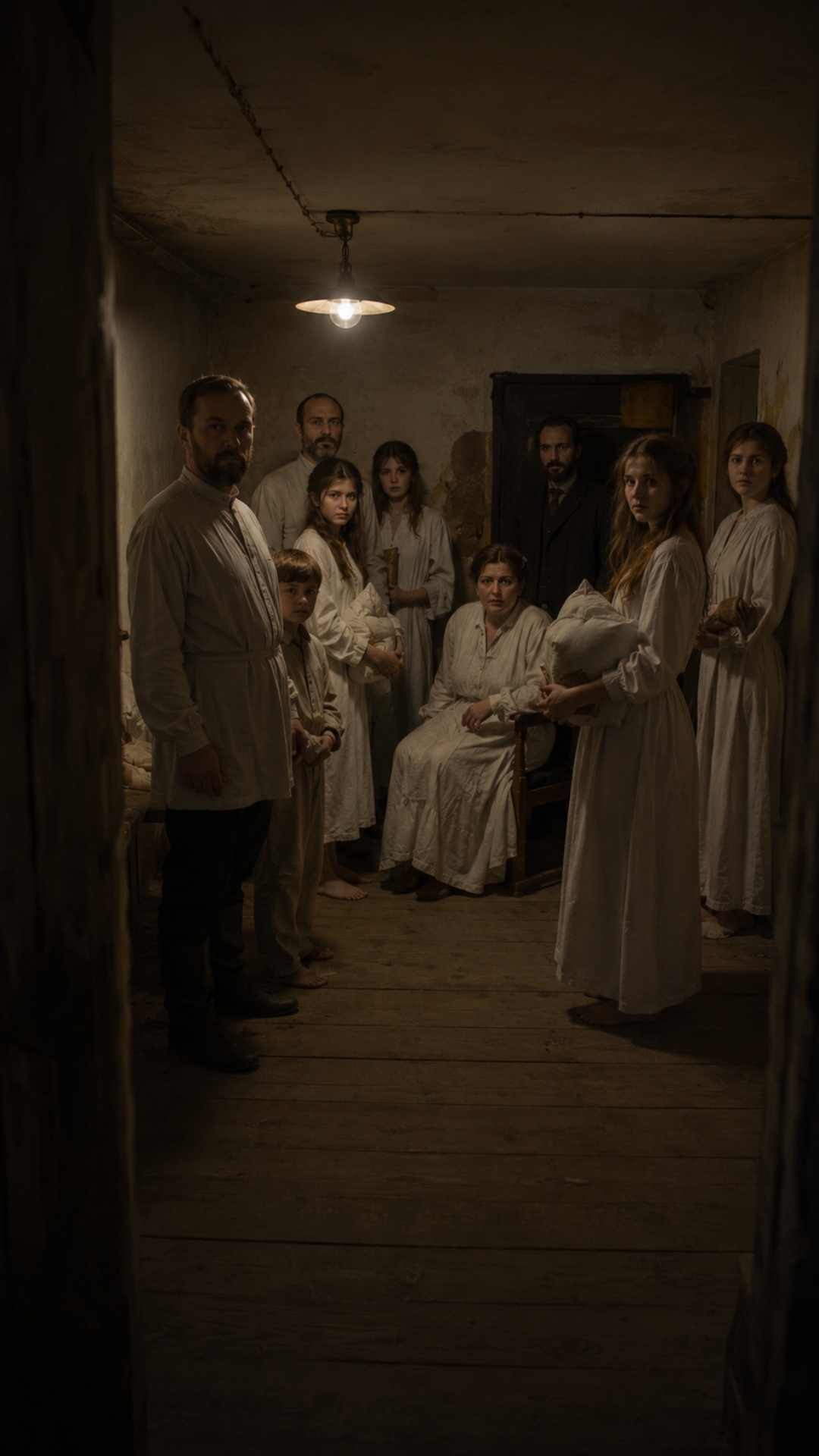 Cinematic scene in a basement room. The Romanov family stands and sits in silence, waiting anxiou...