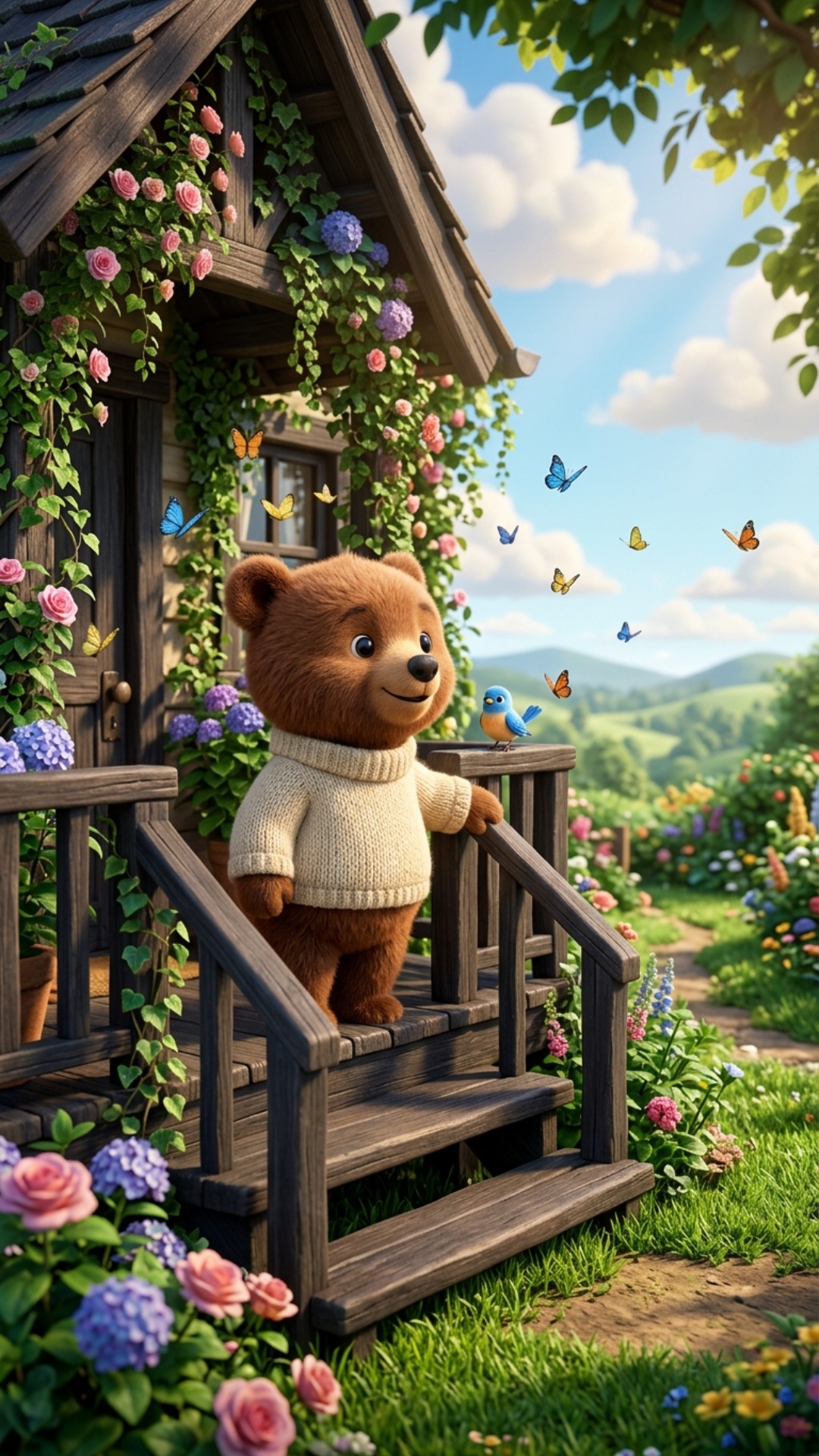 Art style: 3D Pixar.

Крыльцо маленького деревянного домика, окруженного густой зеленью и цветами...