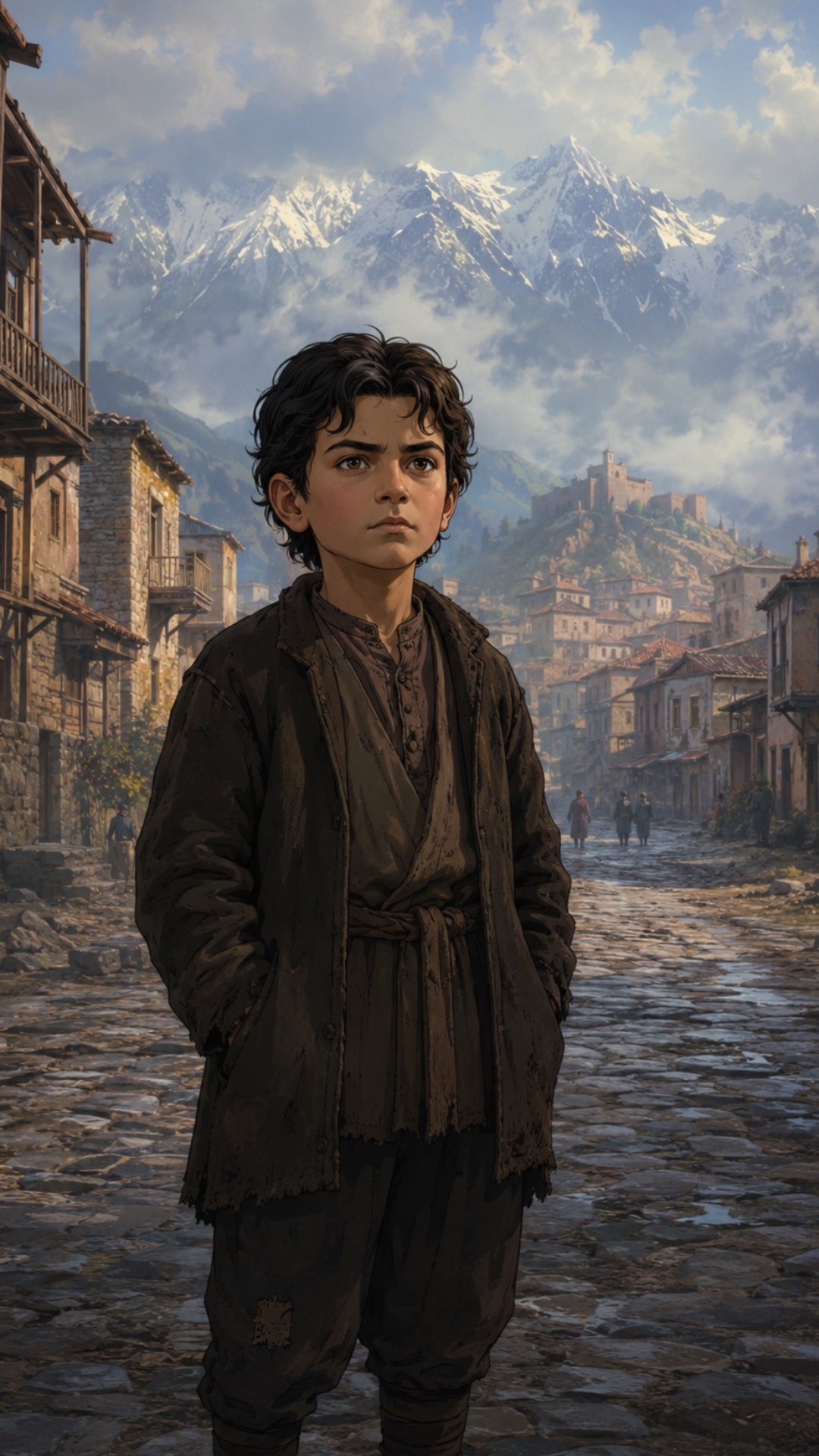 Young Joseph Stalin as a child in Gori, Georgia, poor mountain town, cobblestone street, wooden h...