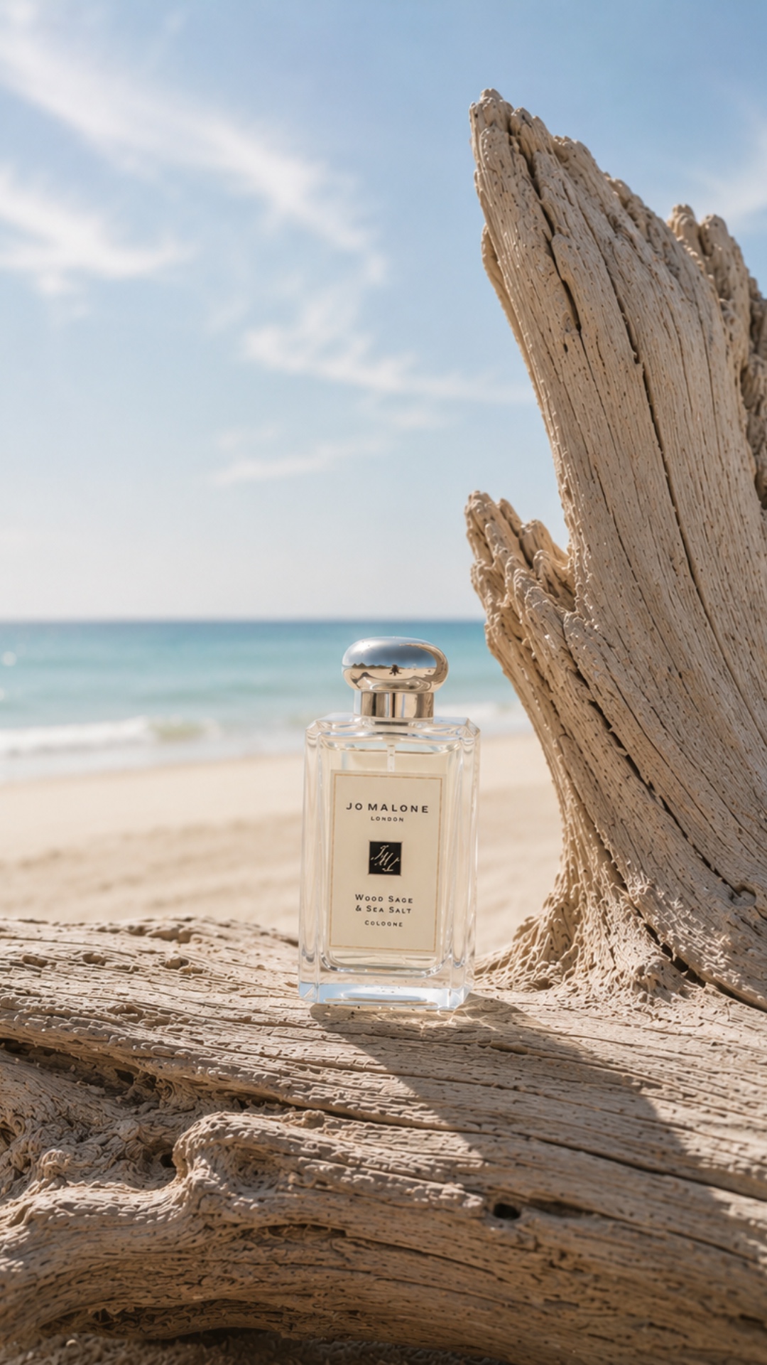 Slow cinematic push-in toward the Jo Malone Wood Sage & Sea Salt bottle resting on sun-bleached d...