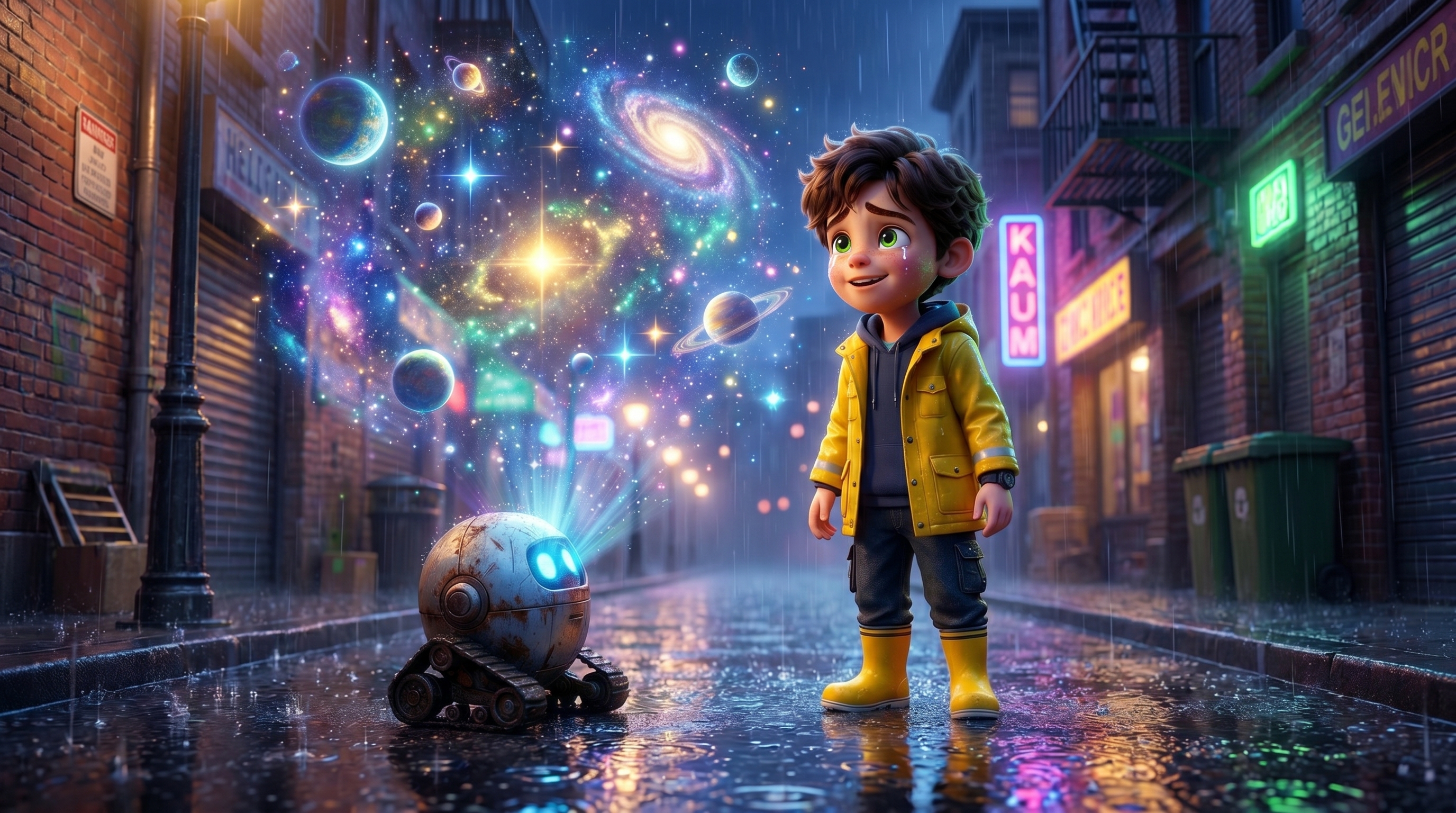 Magical Pixar-style sci-fi alley transformation, small robot projecting glowing holographic stars...